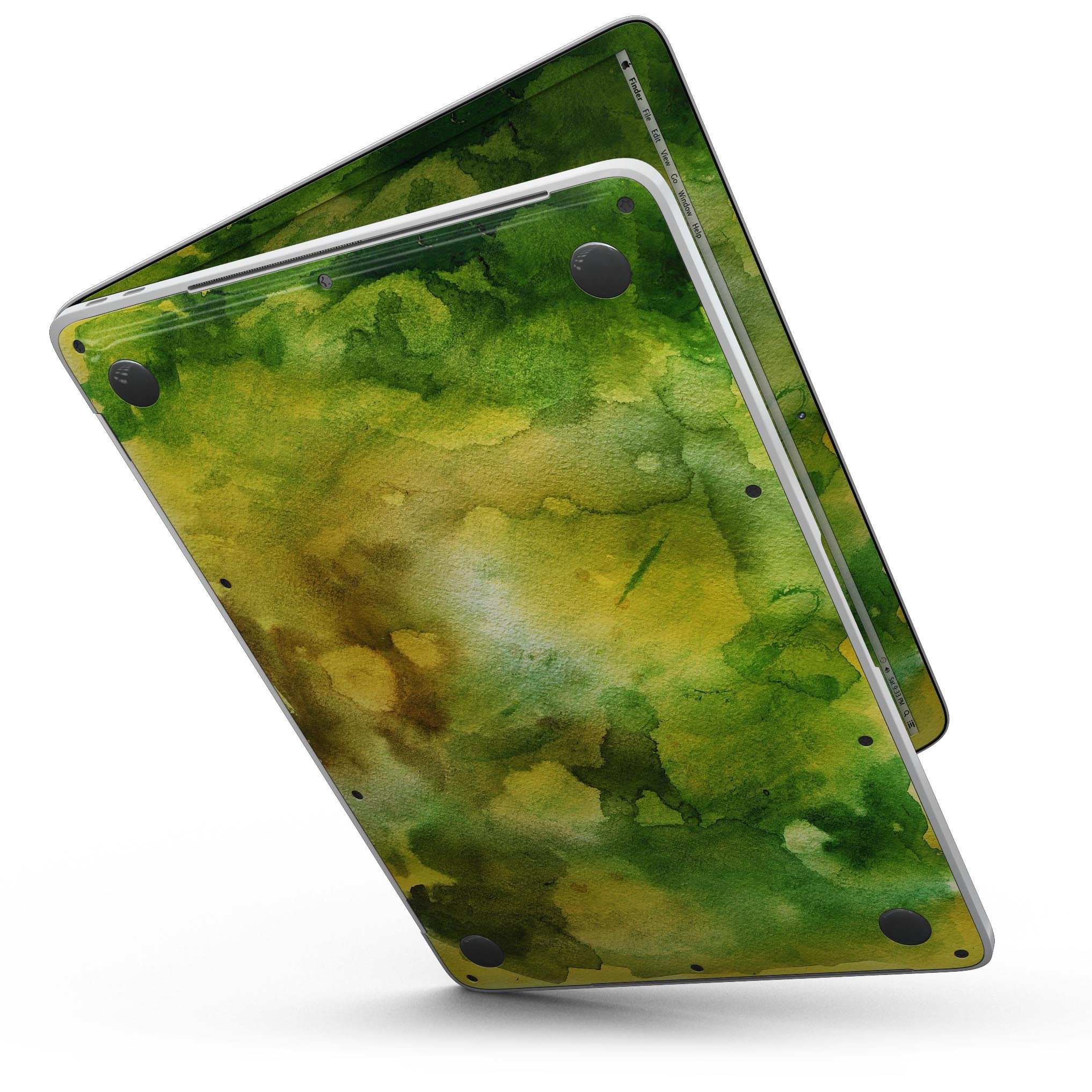 Green 863 Absorbed Watercolor Texture skin for 13" MacBook Pro without Touch Bar, showcasing vibrant colors and premium vinyl material.