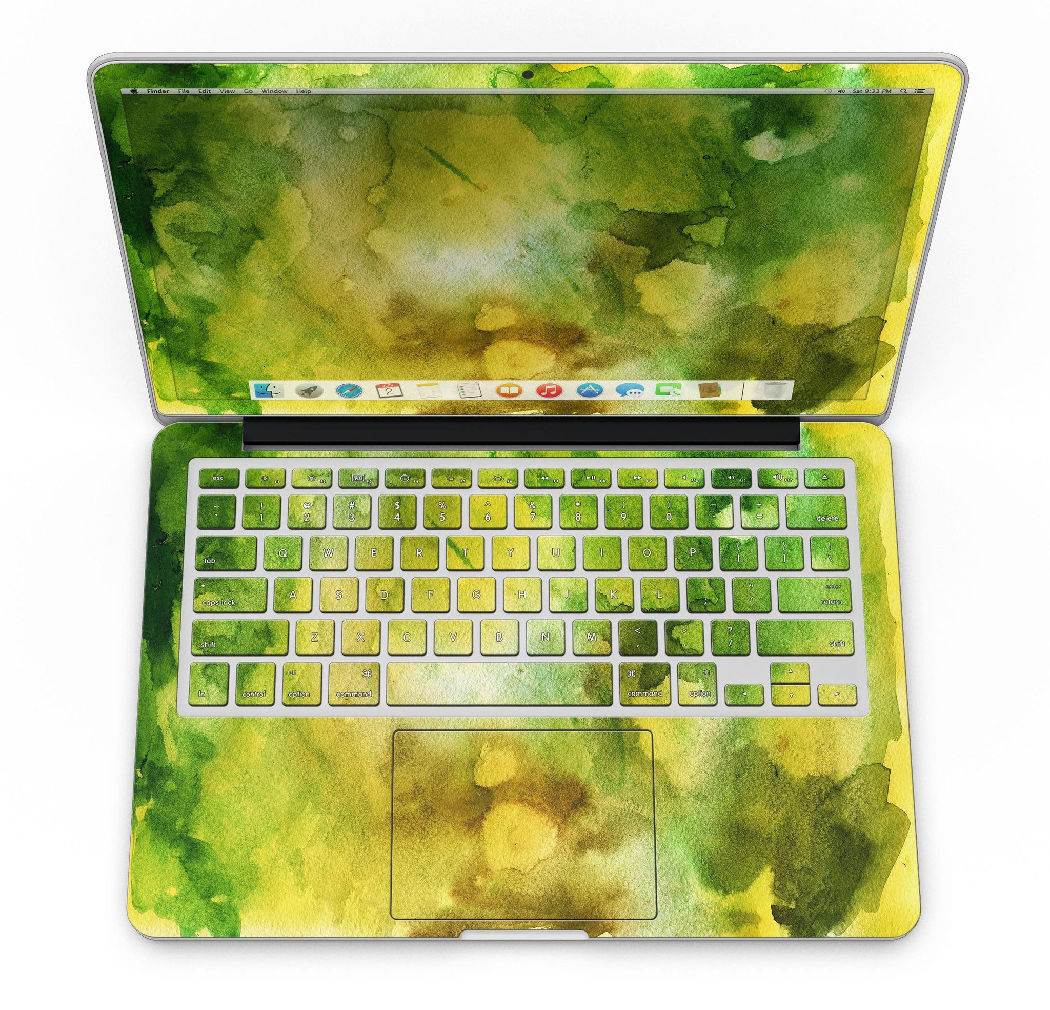 Green 863 Absorbed Watercolor Texture skin for MacBook Pro with Retina Display, showcasing vibrant colors and a sleek design.