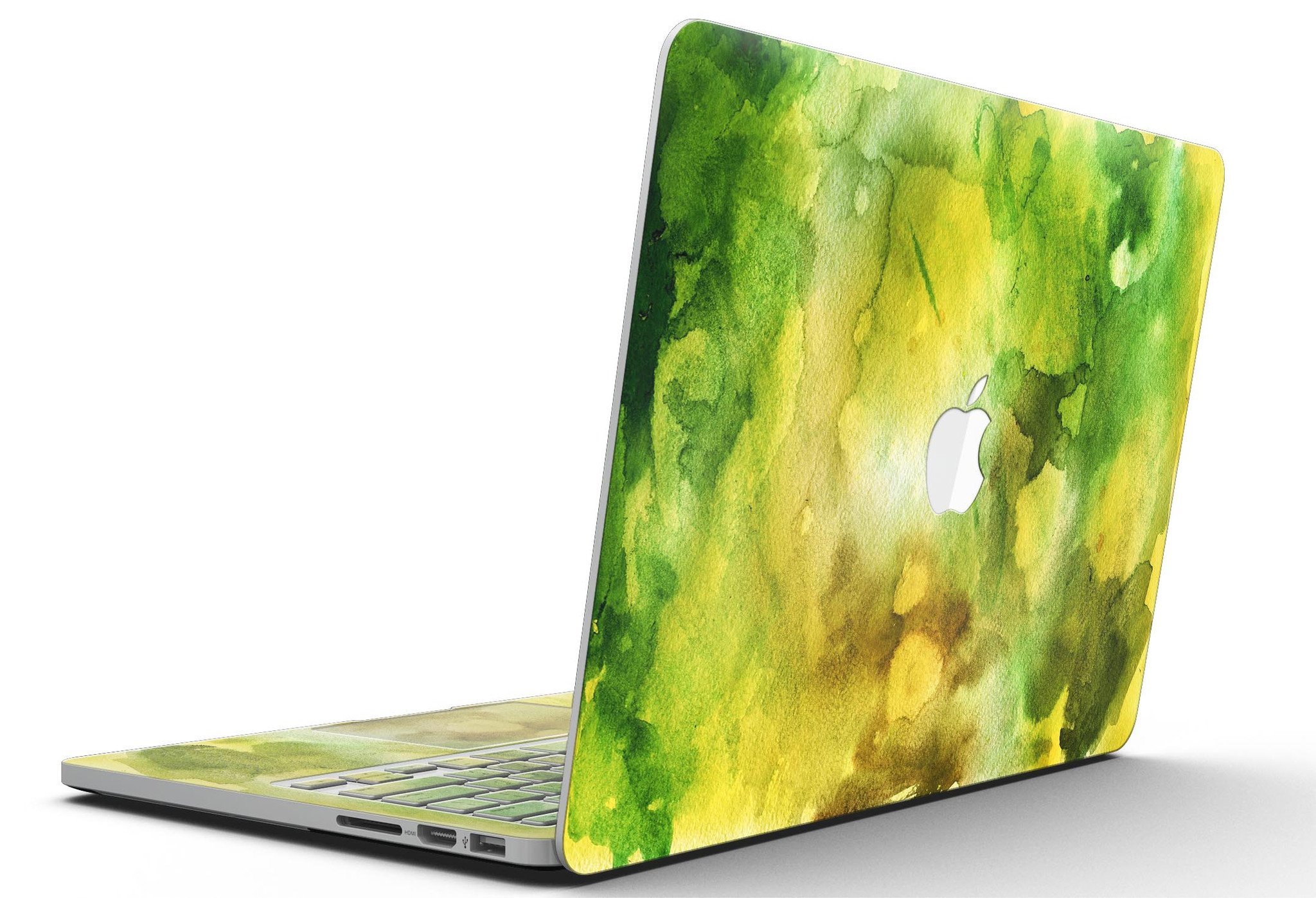 Green 863 Absorbed Watercolor Texture skin for MacBook Pro with Retina Display, showcasing vibrant colors and a sleek design.