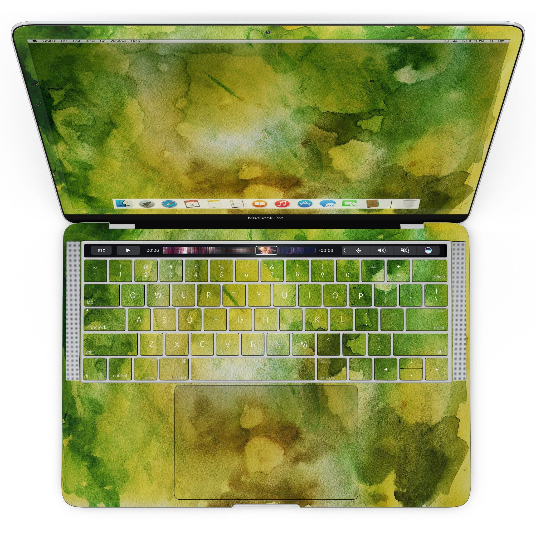 Green 863 Absorbed Watercolor Texture skin for MacBook Pro with Touch Bar, showcasing vibrant watercolor design and premium vinyl material.