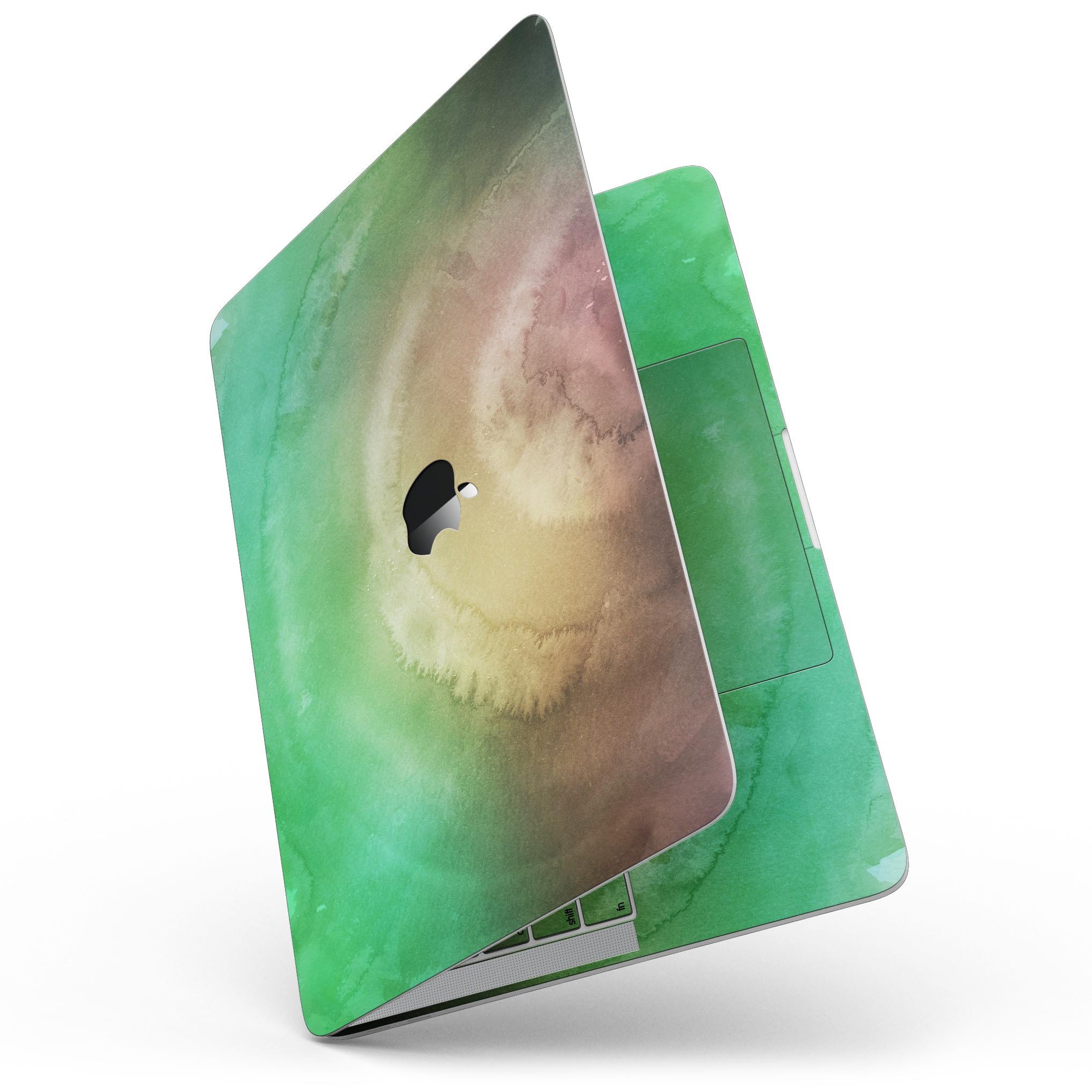 Green 8643 Absorbed Watercolor Texture skin for 13" MacBook Pro without Touch Bar, showcasing vibrant colors and premium vinyl material.