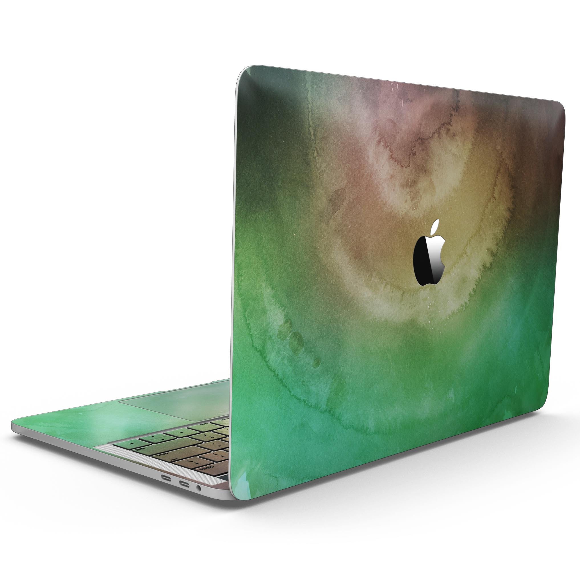 Green 8643 Absorbed Watercolor Texture skin for 13" MacBook Pro without Touch Bar, showcasing vibrant colors and premium vinyl material.