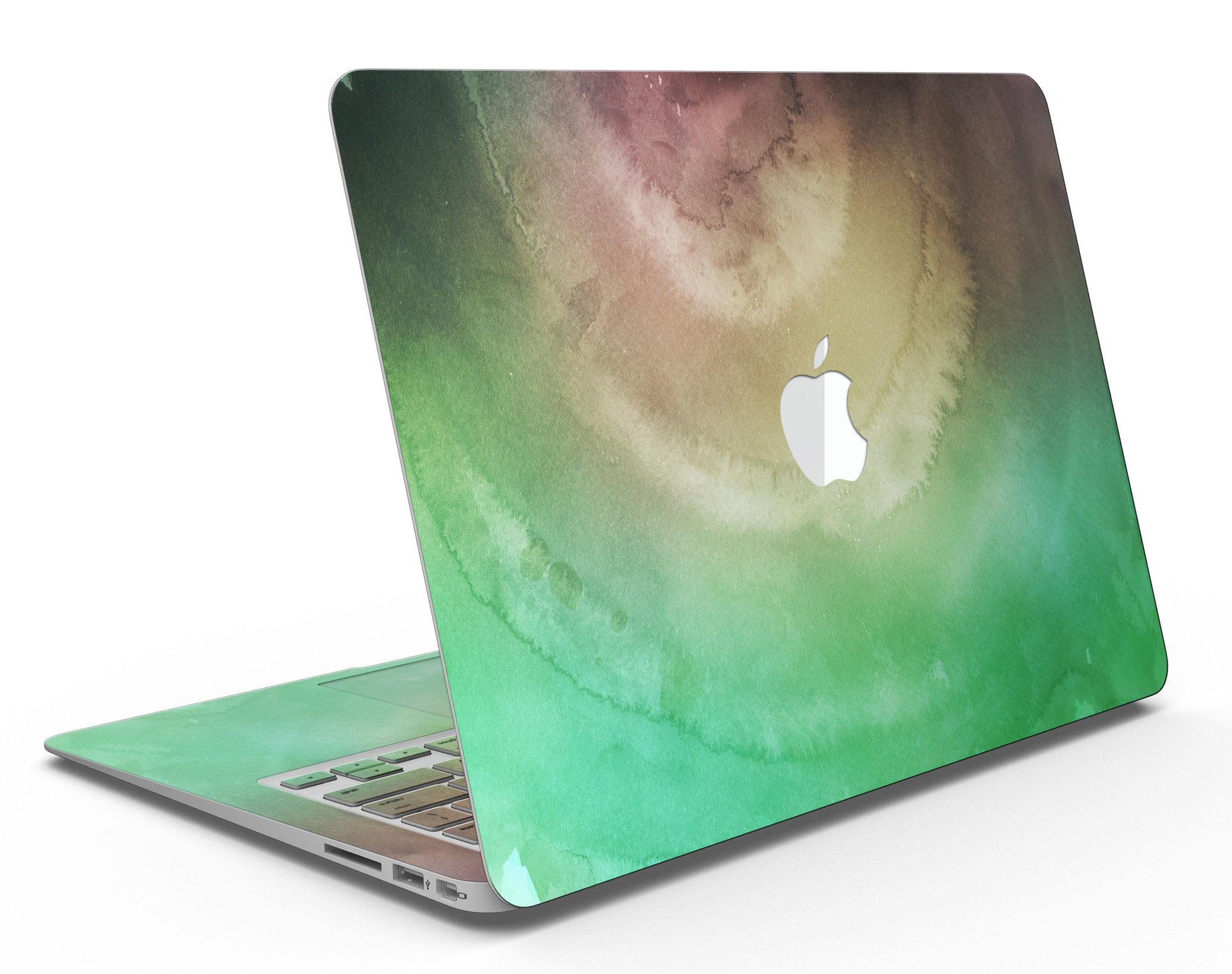 Green 8643 Absorbed Watercolor Texture MacBook Air skin kit showcasing vibrant colors and artistic design.