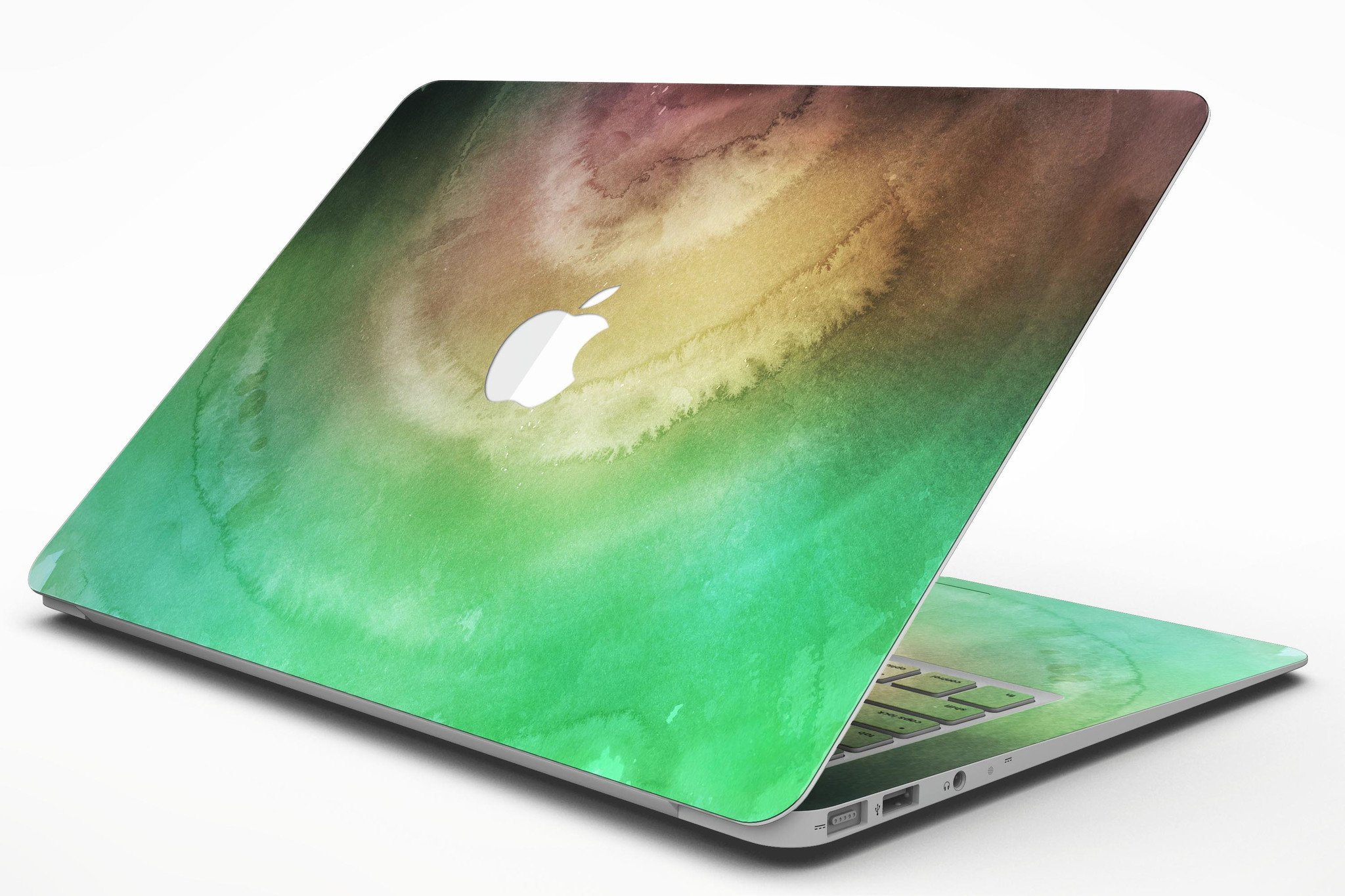 Green 8643 Absorbed Watercolor Texture MacBook Air skin kit showcasing vibrant colors and artistic design.