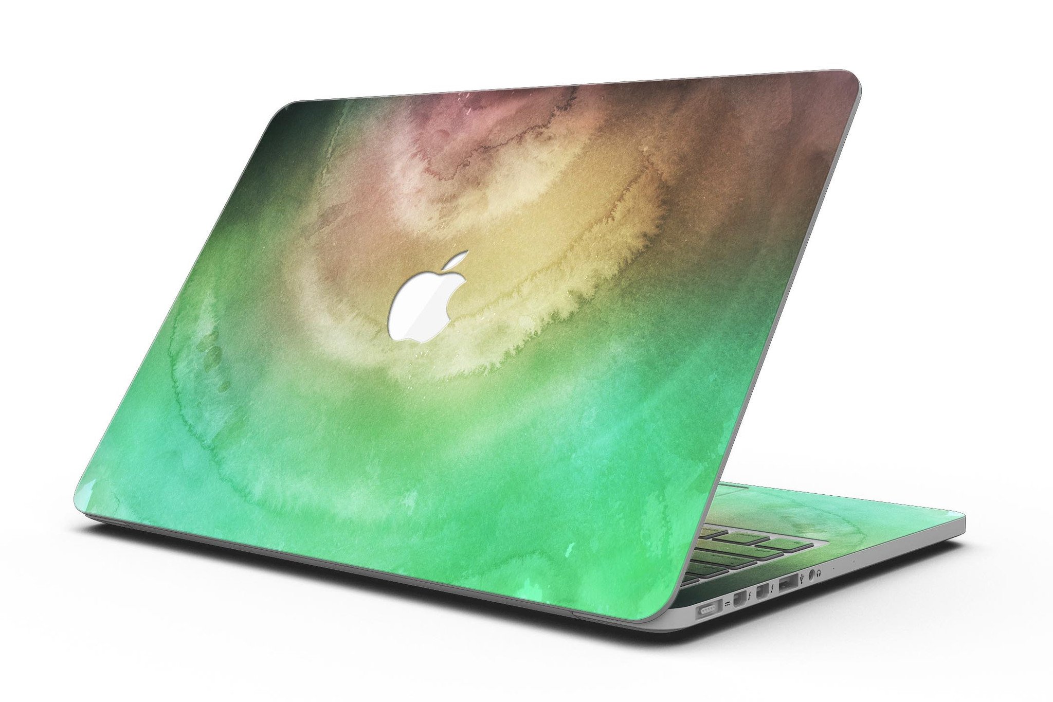 Green 8643 Absorbed Watercolor Texture skin for MacBook Pro with Retina Display, showcasing vibrant colors and a stylish design.