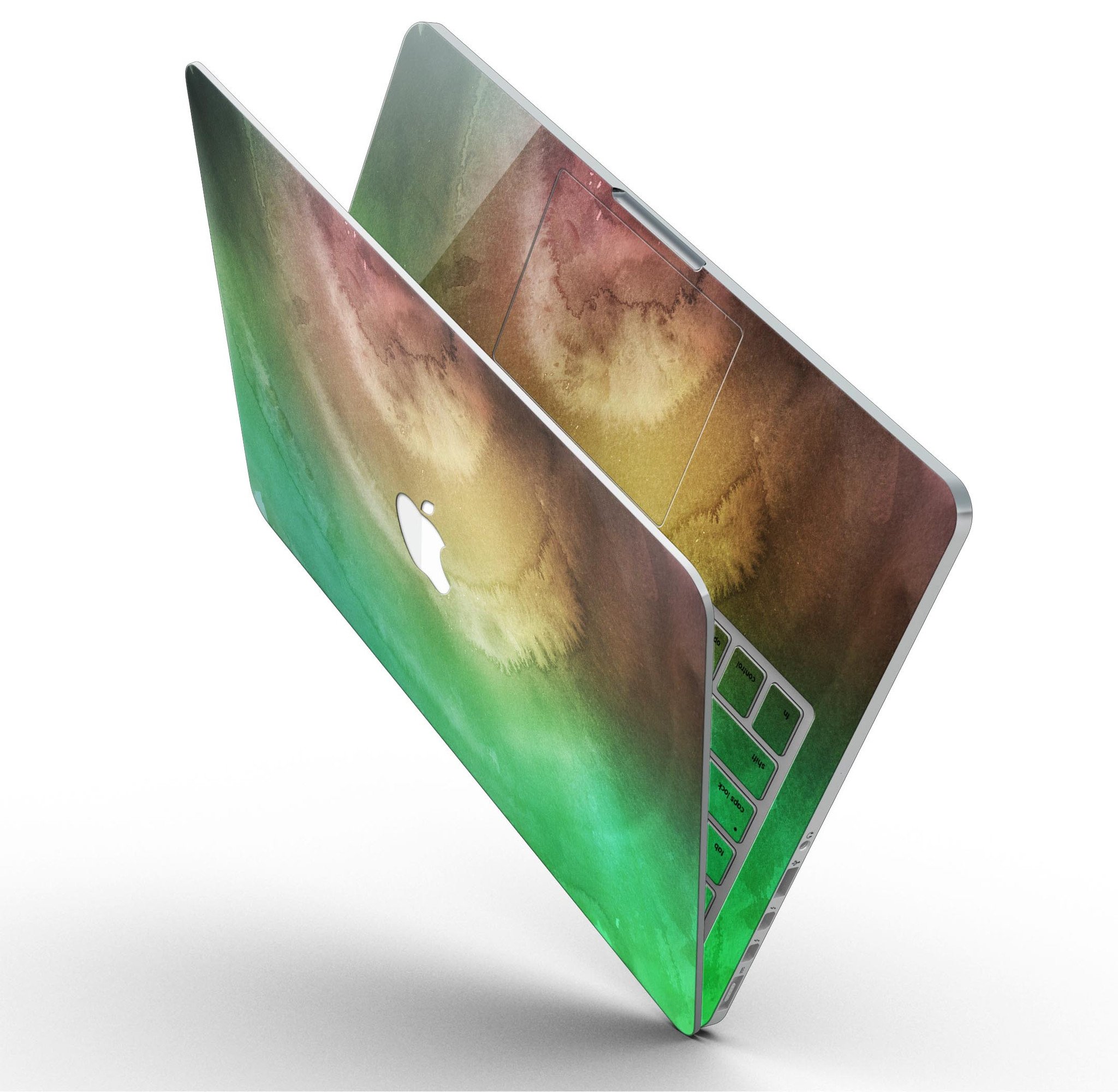 Green 8643 Absorbed Watercolor Texture skin for MacBook Pro with Retina Display, showcasing vibrant colors and a stylish design.