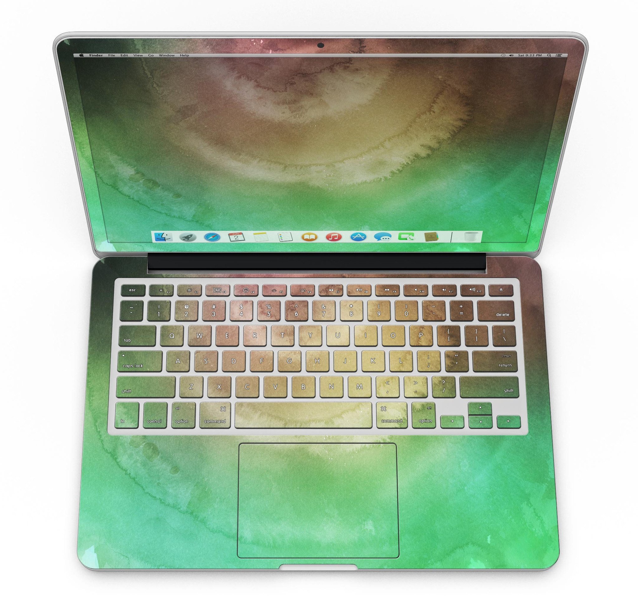 Green 8643 Absorbed Watercolor Texture skin for MacBook Pro with Retina Display, showcasing vibrant colors and a stylish design.