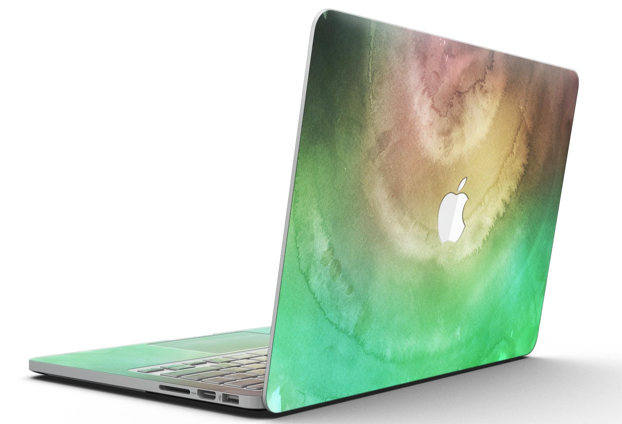 Green 8643 Absorbed Watercolor Texture skin for MacBook Pro with Retina Display, showcasing vibrant colors and a stylish design.