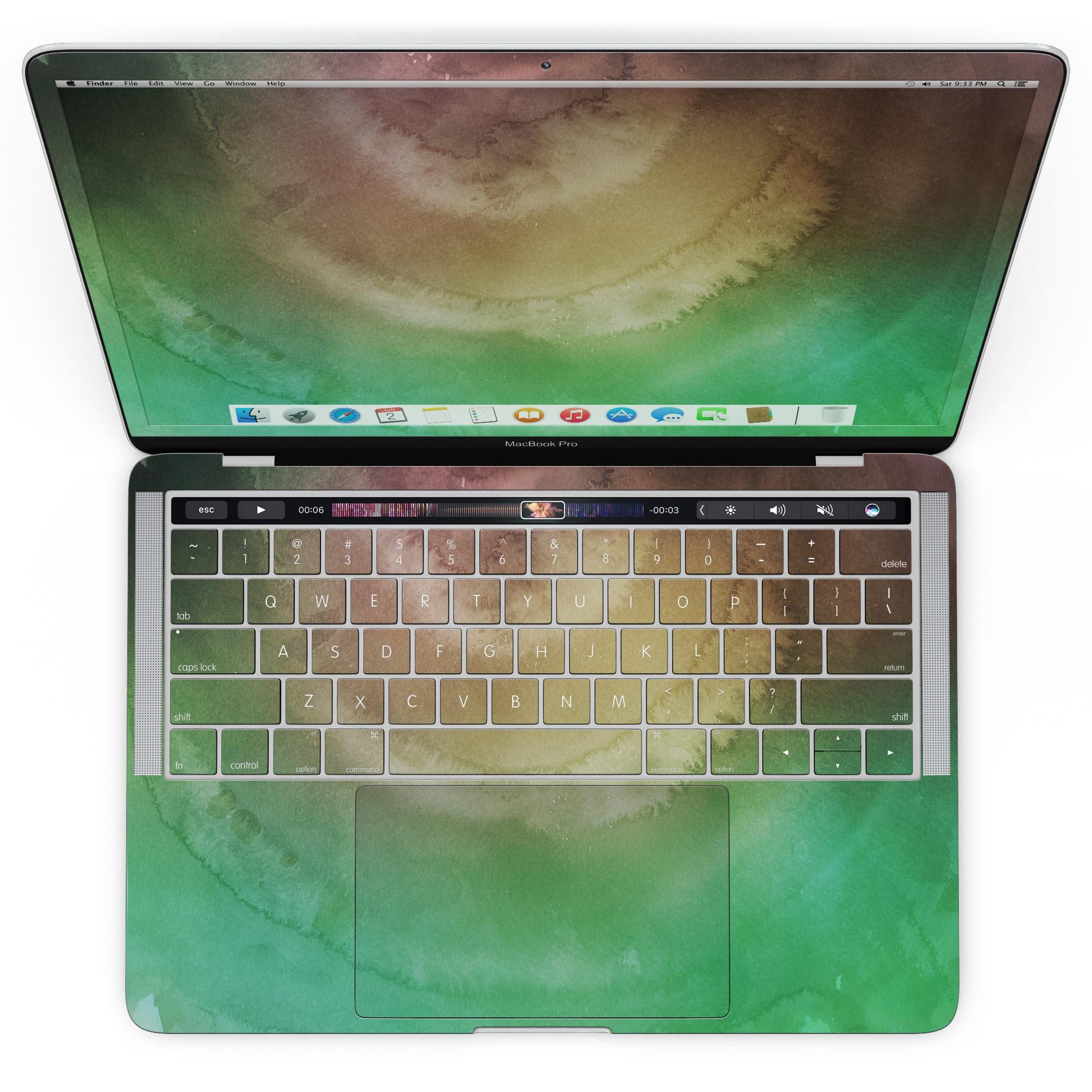 Green 8643 Absorbed Watercolor Texture skin for MacBook Pro with Touch Bar, showcasing vibrant colors and a sleek design.