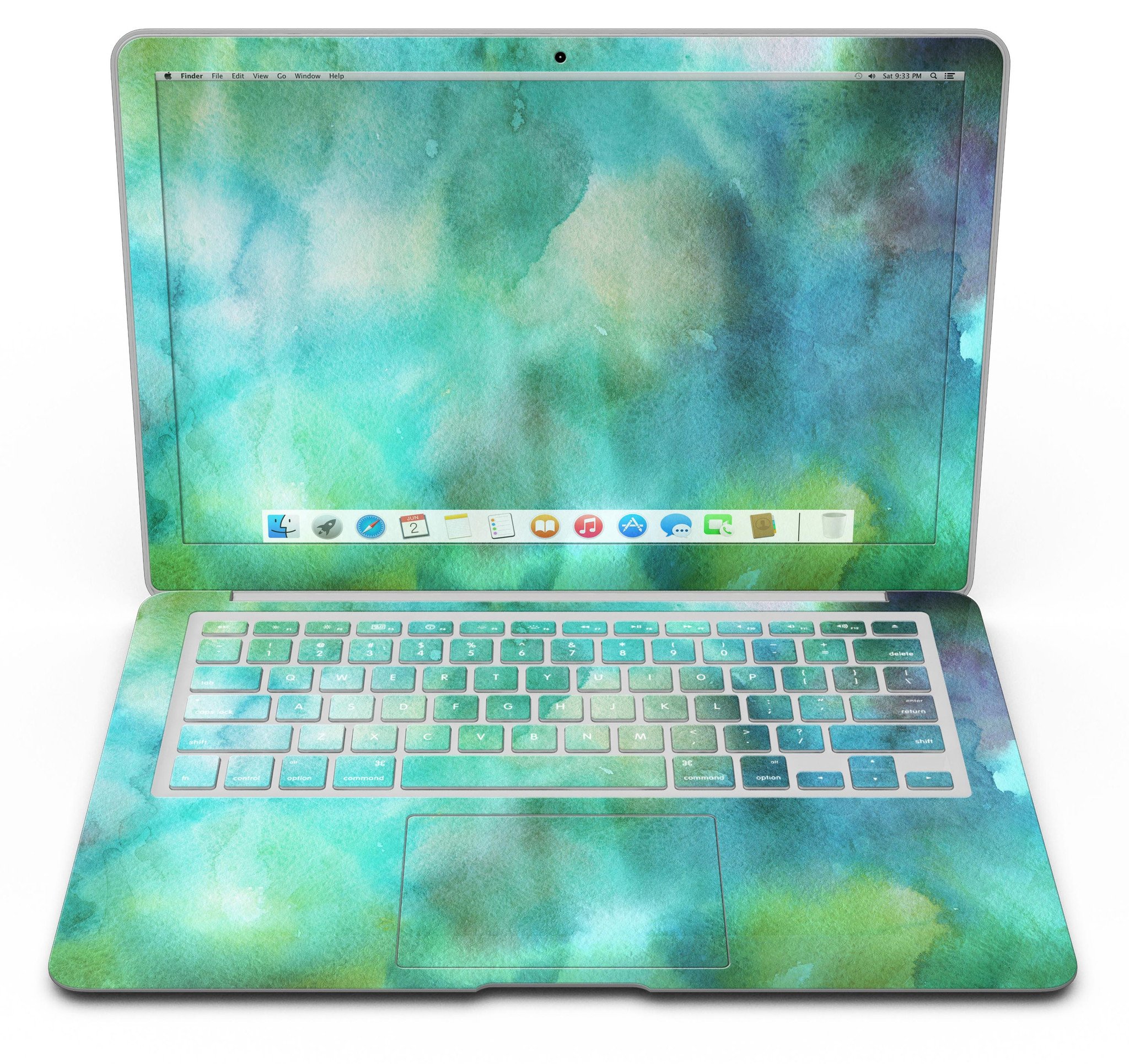 Green 979 Absorbed Watercolor Texture skin for MacBook Air, showcasing vibrant colors and a stylish design.