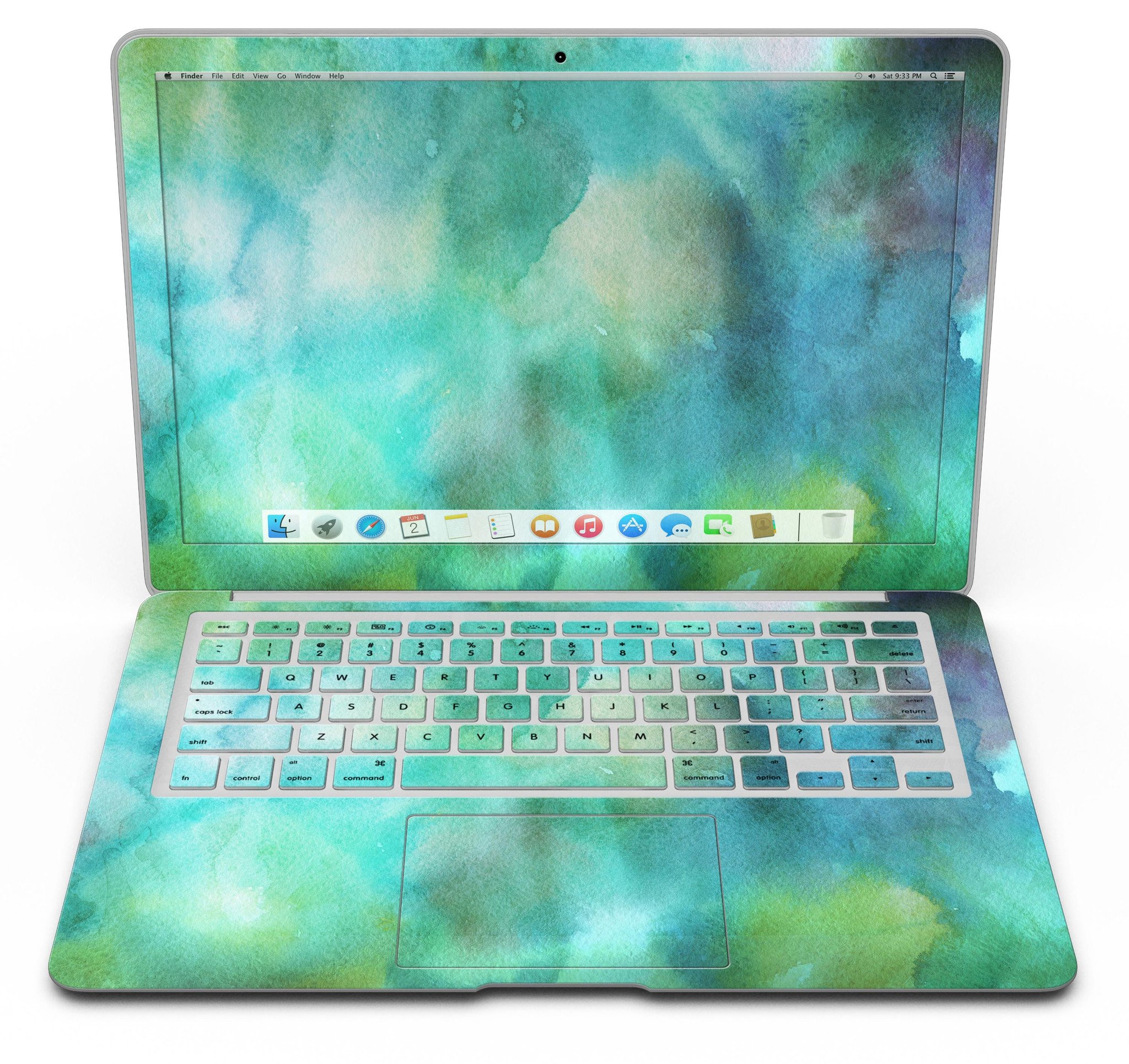 Green 979 Absorbed Watercolor Texture skin for MacBook Air, showcasing vibrant colors and a stylish design.