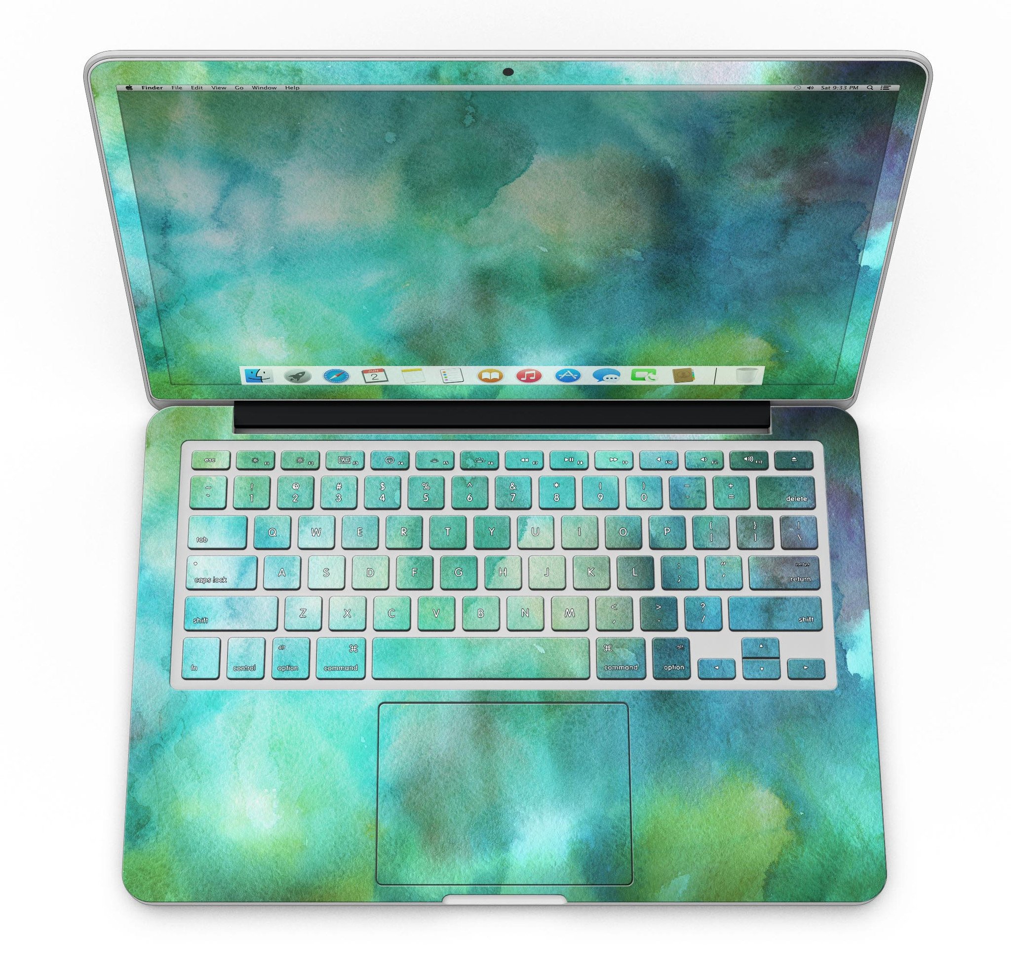 Green 979 Absorbed Watercolor Texture skin for MacBook Pro with Retina, showcasing vibrant green hues and artistic design.