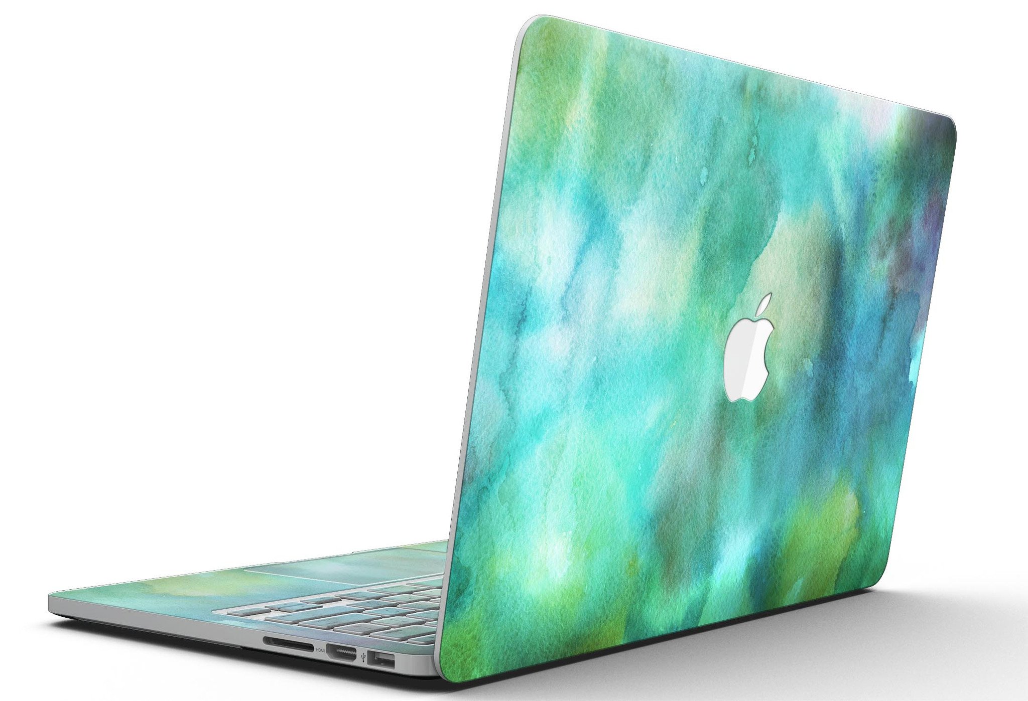 Green 979 Absorbed Watercolor Texture skin for MacBook Pro with Retina, showcasing vibrant green hues and artistic design.