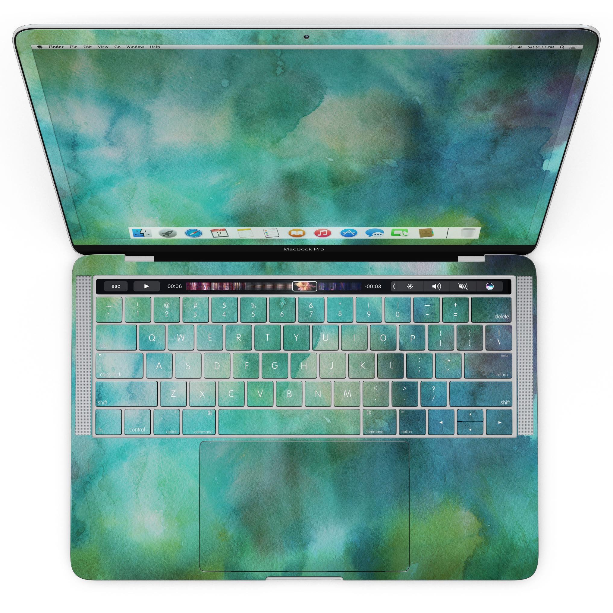 Green 979 Absorbed Watercolor Texture skin for MacBook Pro with Touch Bar, showcasing vibrant colors and artistic design.