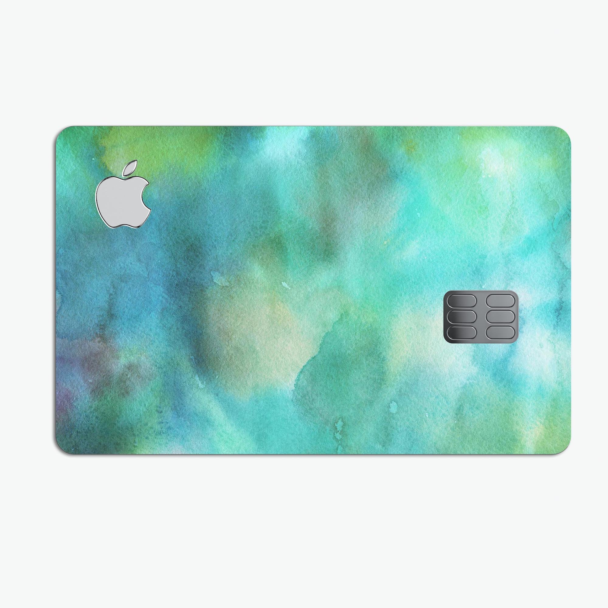 Green 979 Absorbed Watercolor Texture decal for Apple Card, showcasing vibrant colors and premium vinyl material.