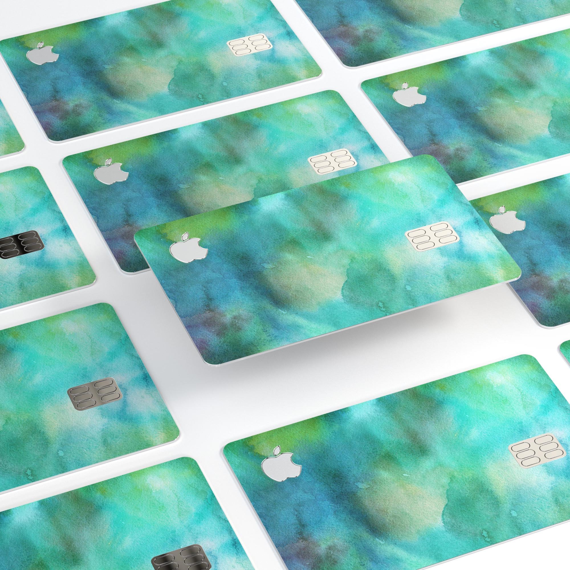 Green 979 Absorbed Watercolor Texture decal for Apple Card, showcasing vibrant colors and premium vinyl material.