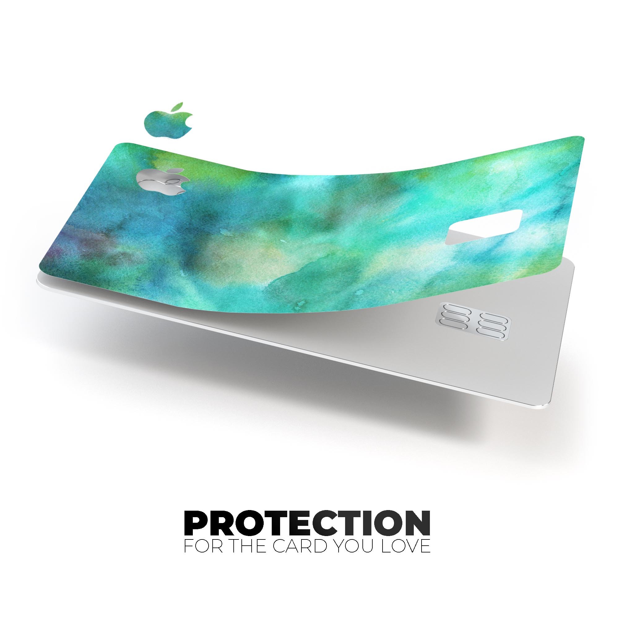 Green 979 Absorbed Watercolor Texture decal for Apple Card, showcasing vibrant colors and premium vinyl material.