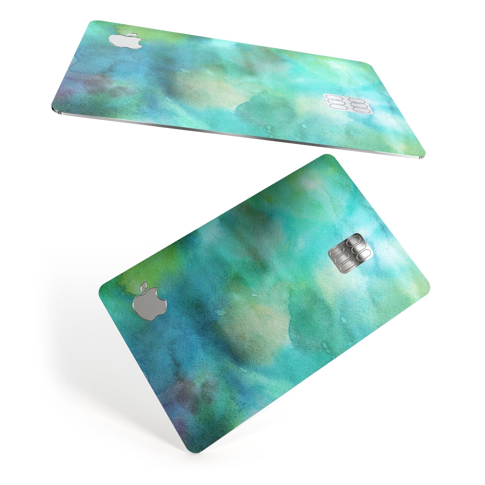 Green 979 Absorbed Watercolor Texture decal for Apple Card, showcasing vibrant colors and premium vinyl material.