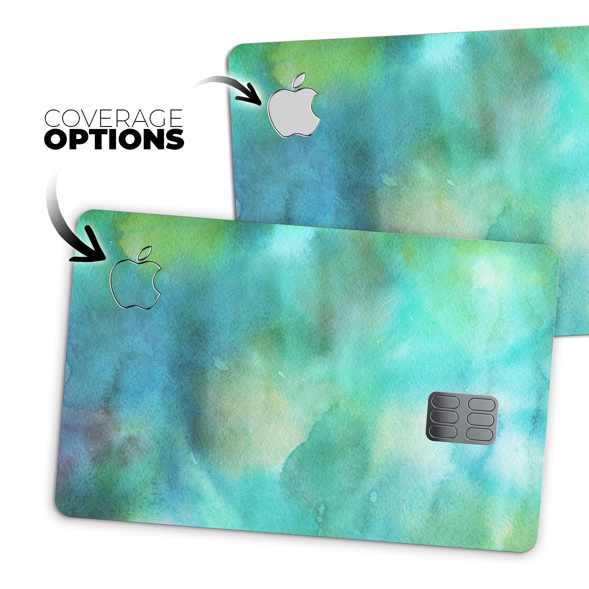 Green 979 Absorbed Watercolor Texture decal for Apple Card, showcasing vibrant colors and premium vinyl material.