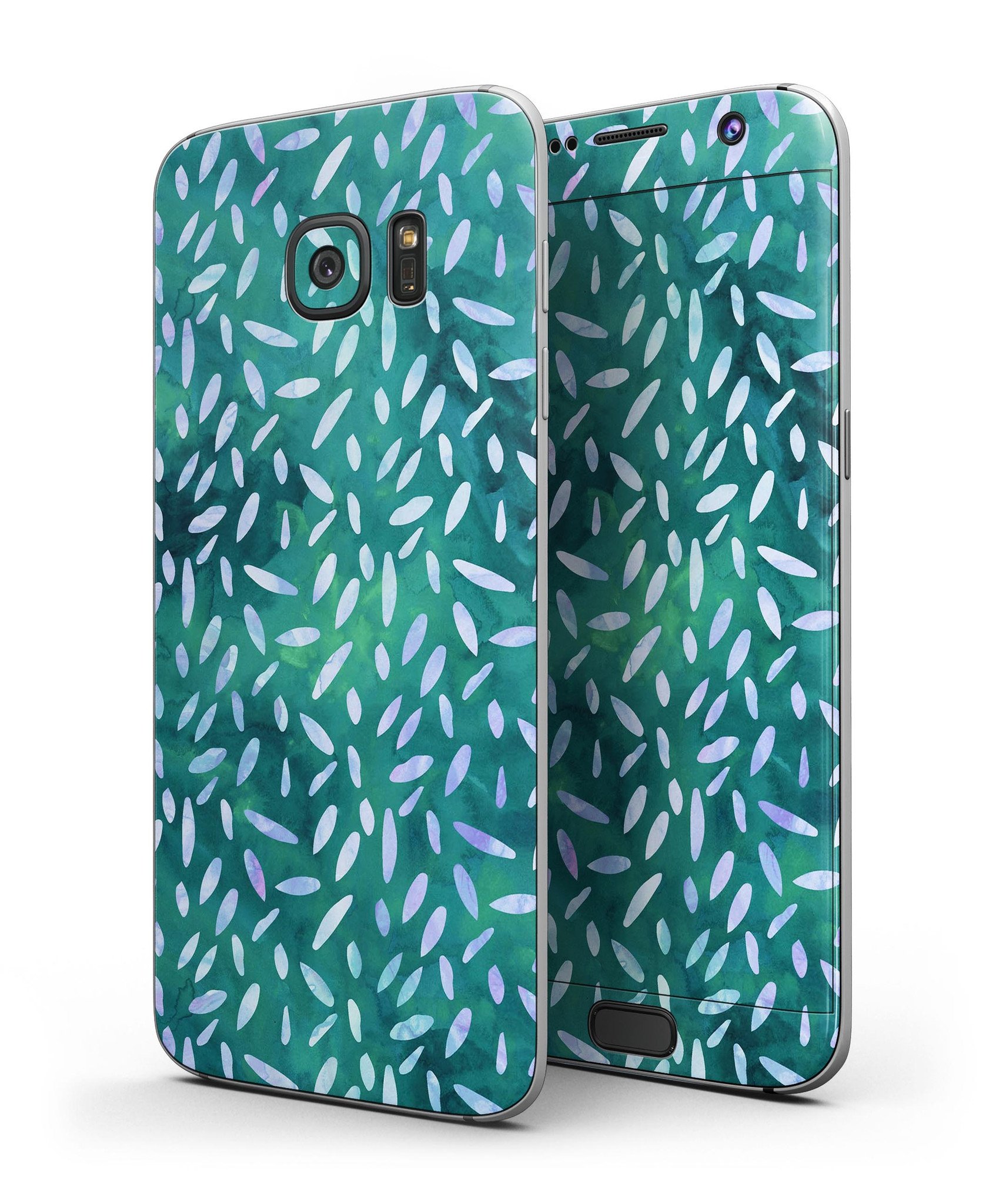 Full body skin kit featuring a green and blue watercolor leaves pattern for Samsung Galaxy S7 and S7 Edge.