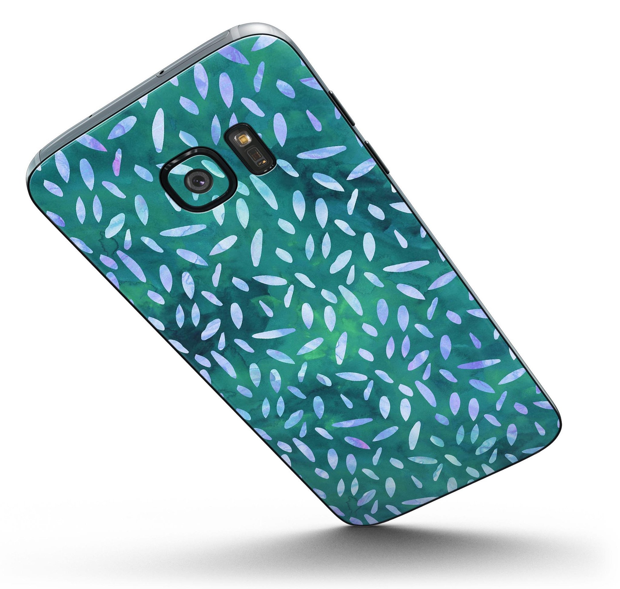 Full body skin kit featuring a green and blue watercolor leaves pattern for Samsung Galaxy S7 and S7 Edge.