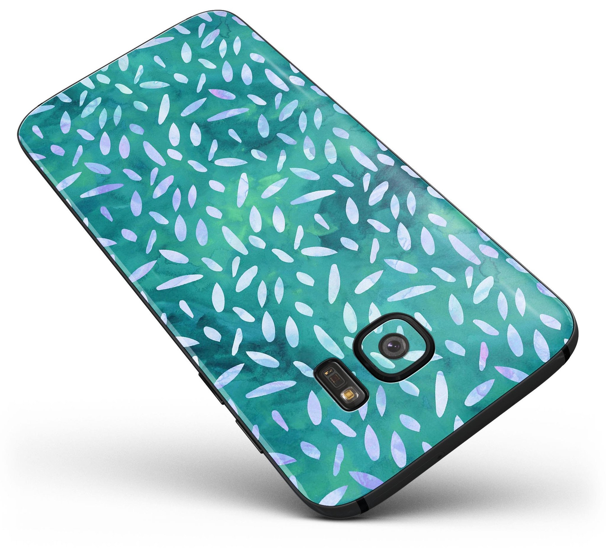 Full body skin kit featuring a green and blue watercolor leaves pattern for Samsung Galaxy S7 and S7 Edge.