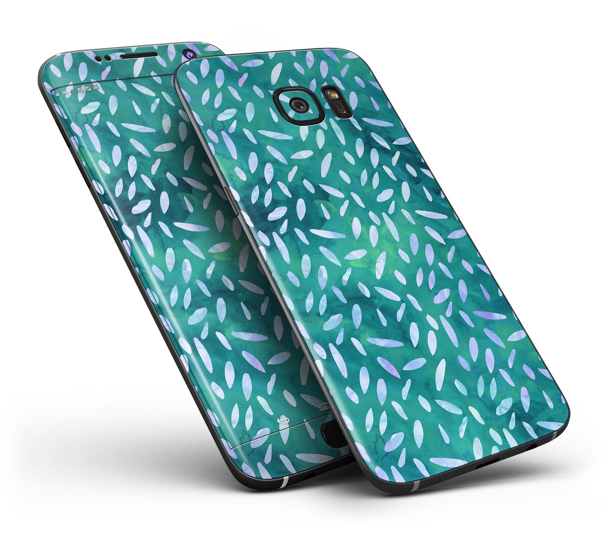 Full body skin kit featuring a green and blue watercolor leaves pattern for Samsung Galaxy S7 and S7 Edge.