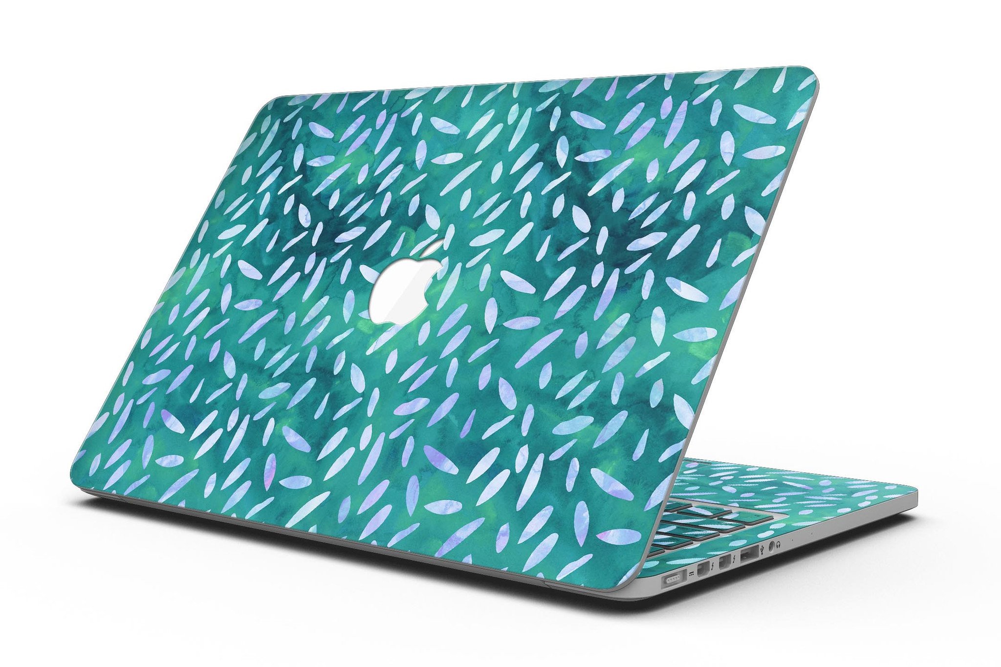 Green and blue watercolor leaves pattern skin for MacBook Pro with Retina Display, showcasing vibrant colors and intricate design.