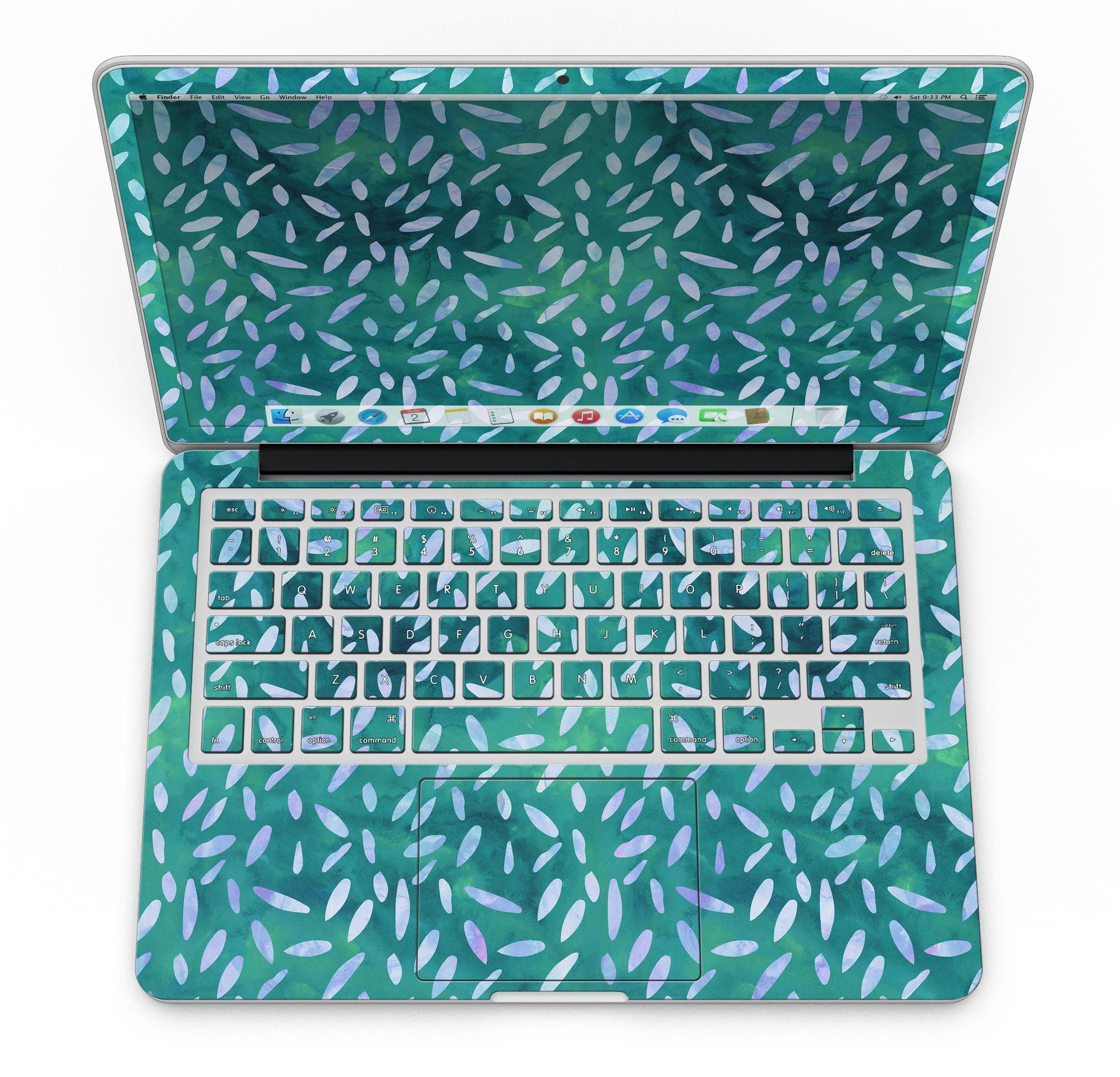 Green and blue watercolor leaves pattern skin for MacBook Pro with Retina Display, showcasing vibrant colors and intricate design.