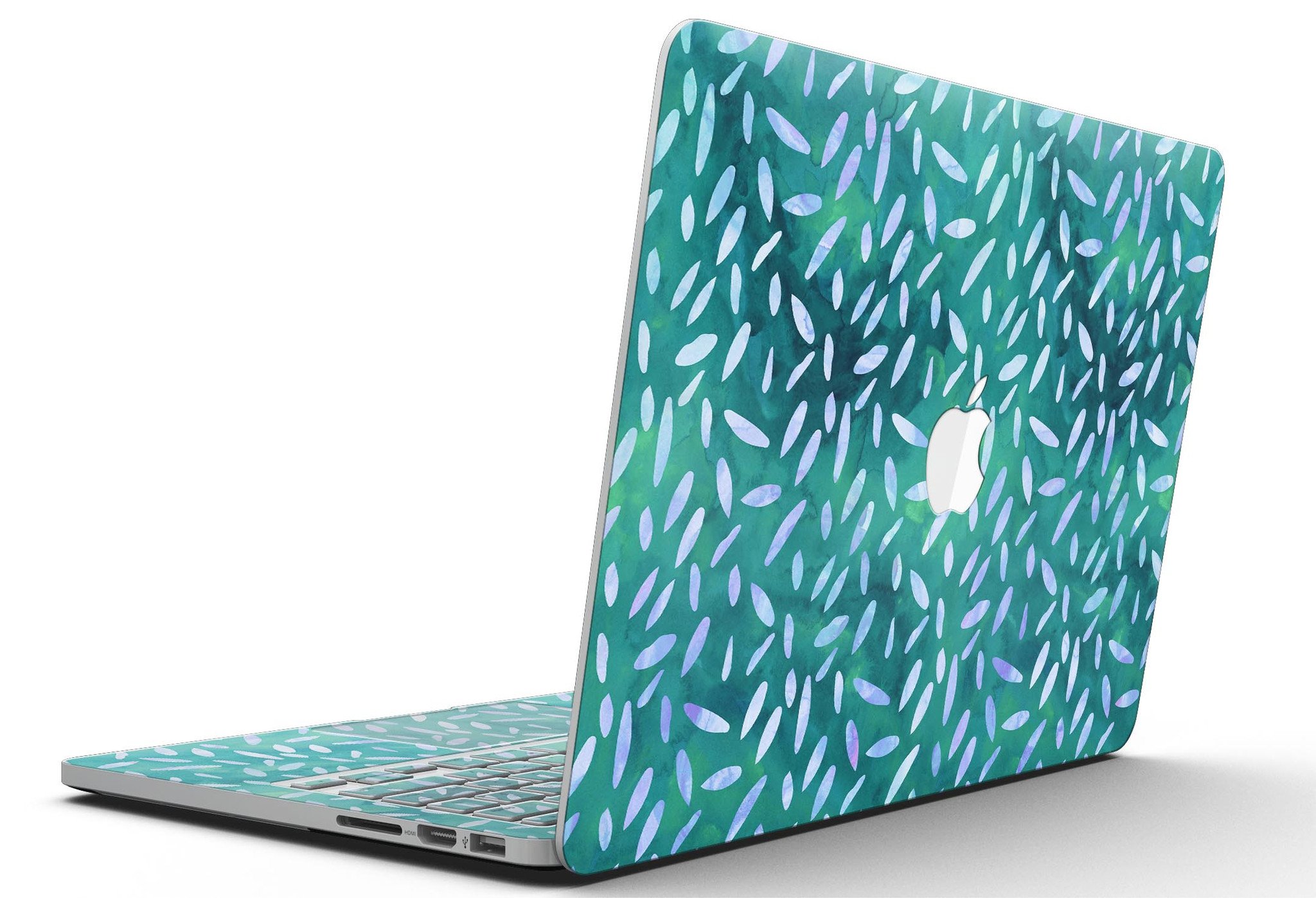 Green and blue watercolor leaves pattern skin for MacBook Pro with Retina Display, showcasing vibrant colors and intricate design.