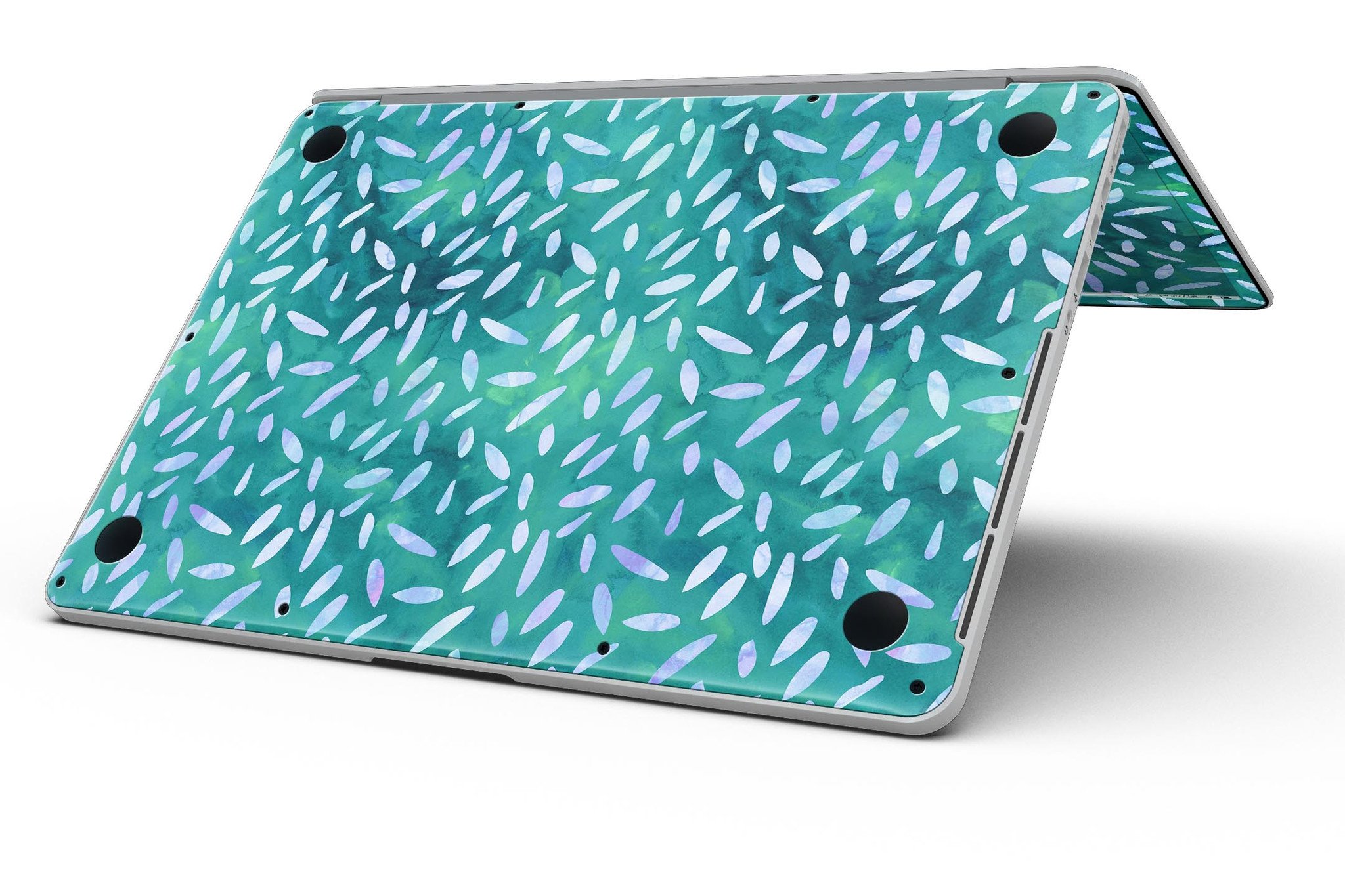 Green and blue watercolor leaves pattern skin for MacBook Pro with Retina Display, showcasing vibrant colors and intricate design.