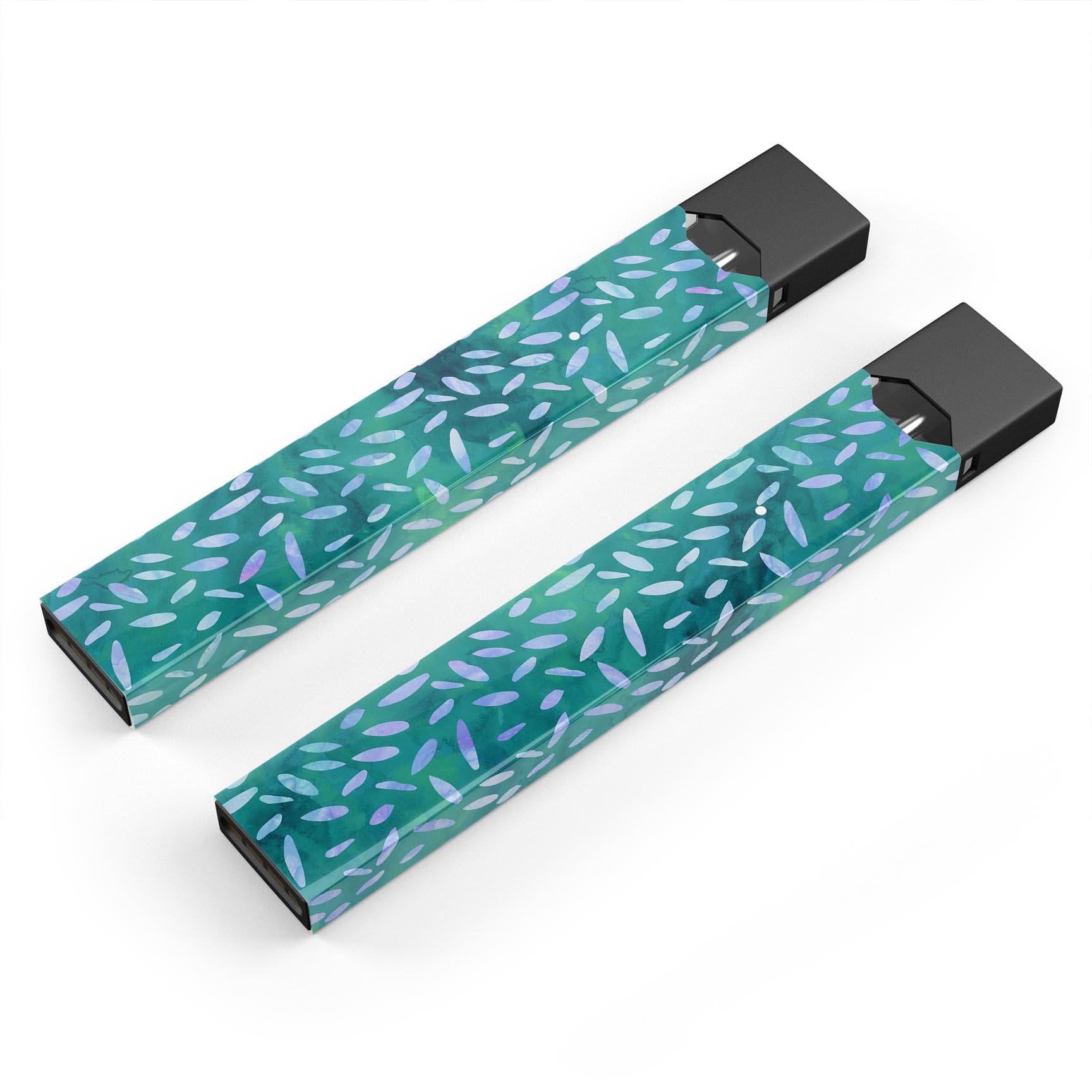 Green and Blue Watercolor Leaves Pattern decal skin for JUUL vaping device, showcasing vibrant colors and intricate leaf designs.