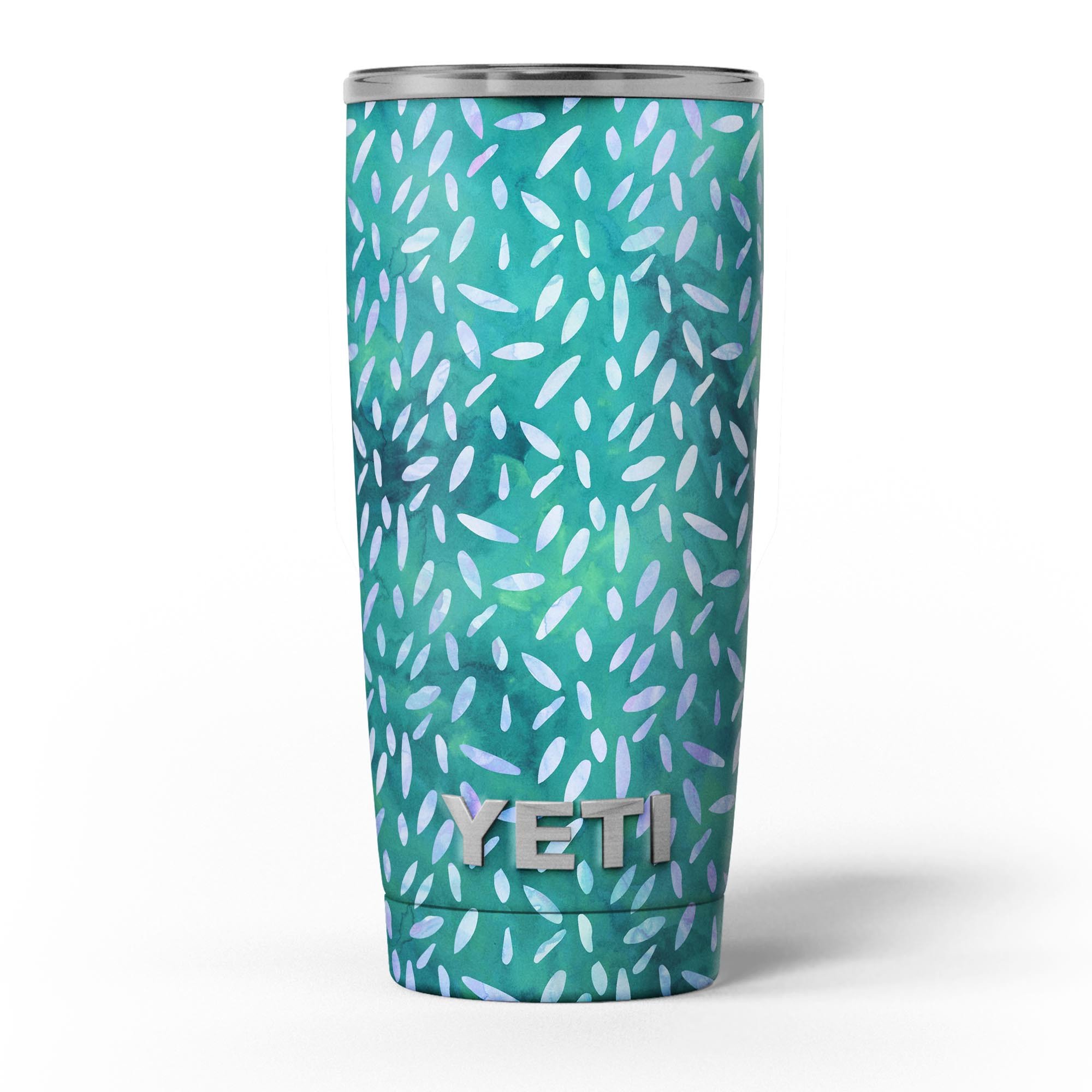 Green and Blue Watercolor Leaves Pattern Skin Decal Vinyl Wrap Kit for Yeti Coolers, showcasing vibrant colors and intricate leaf designs.