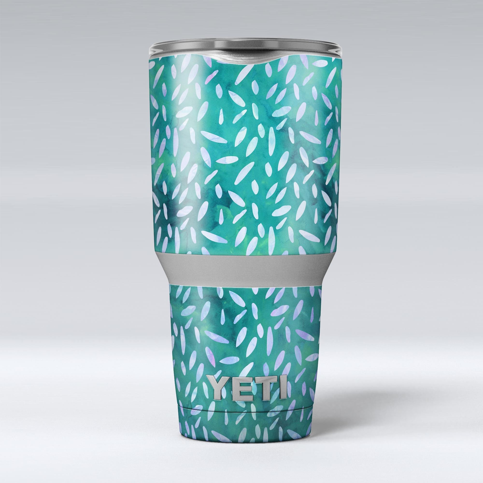 Green and Blue Watercolor Leaves Pattern Skin Decal Vinyl Wrap Kit for Yeti Coolers, showcasing vibrant colors and intricate leaf designs.