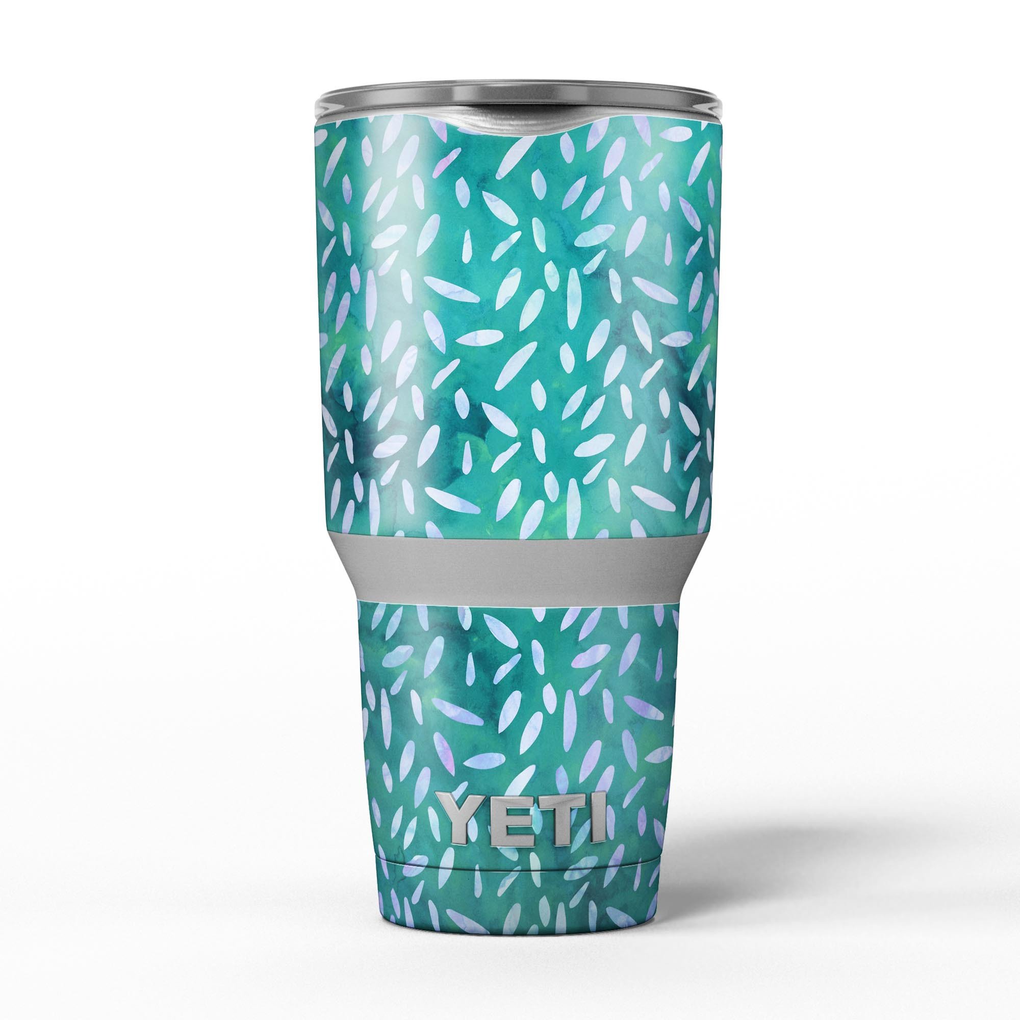 Green and Blue Watercolor Leaves Pattern Skin Decal Vinyl Wrap Kit for Yeti Coolers, showcasing vibrant colors and intricate leaf designs.