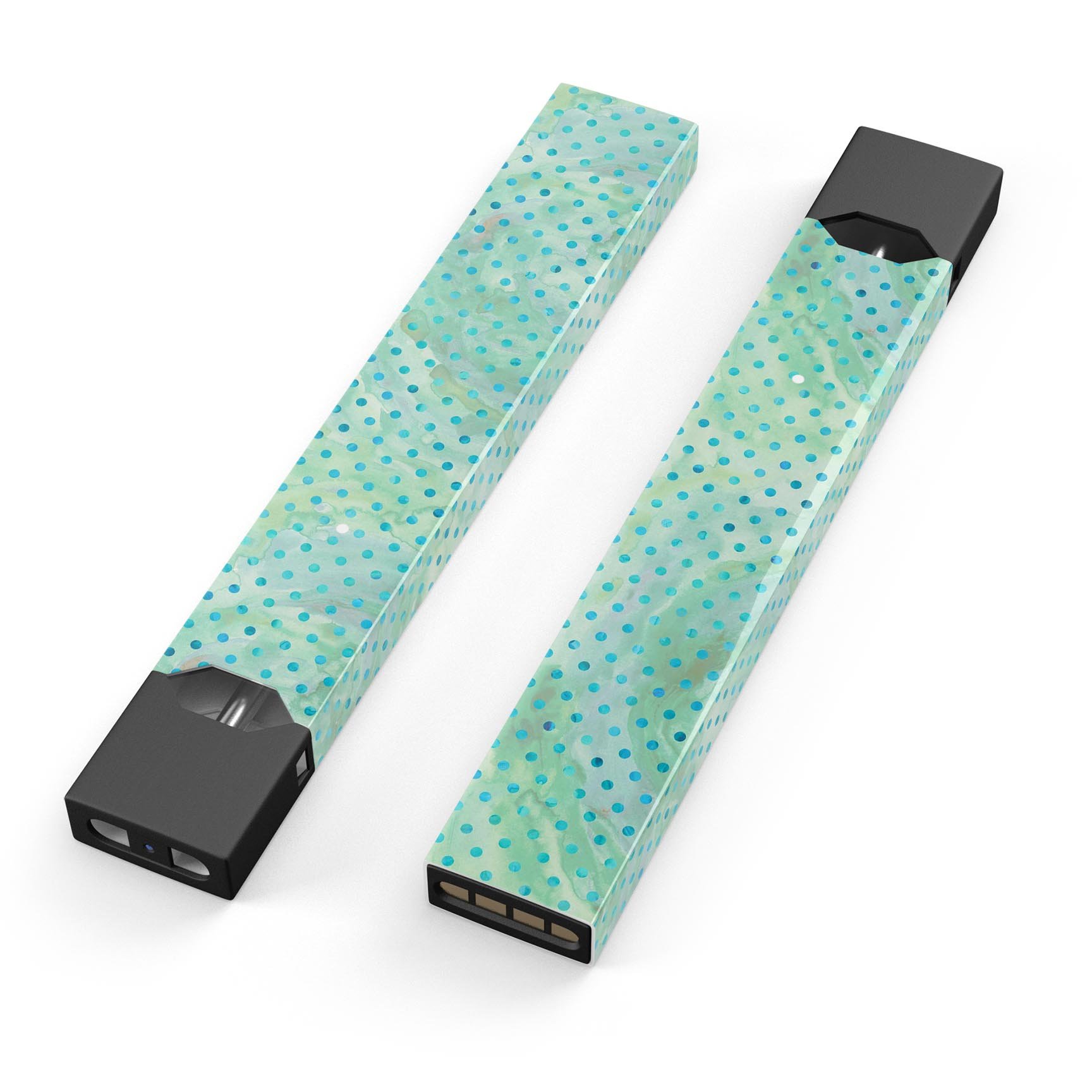 Green and blue watercolor polka dot pattern decal for JUUL vaping device, showcasing vibrant colors and premium quality.