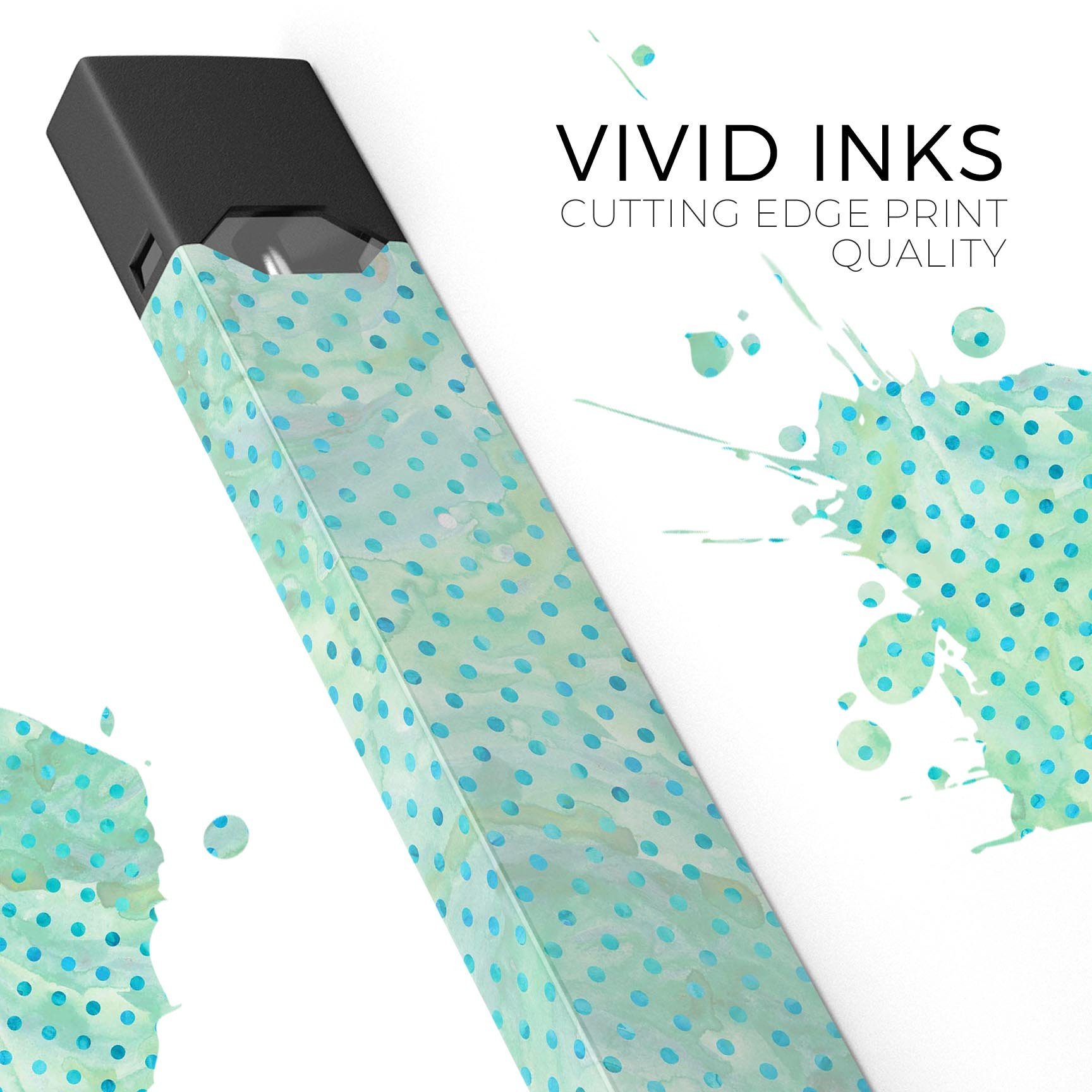 Green and blue watercolor polka dot pattern decal for JUUL vaping device, showcasing vibrant colors and premium quality.