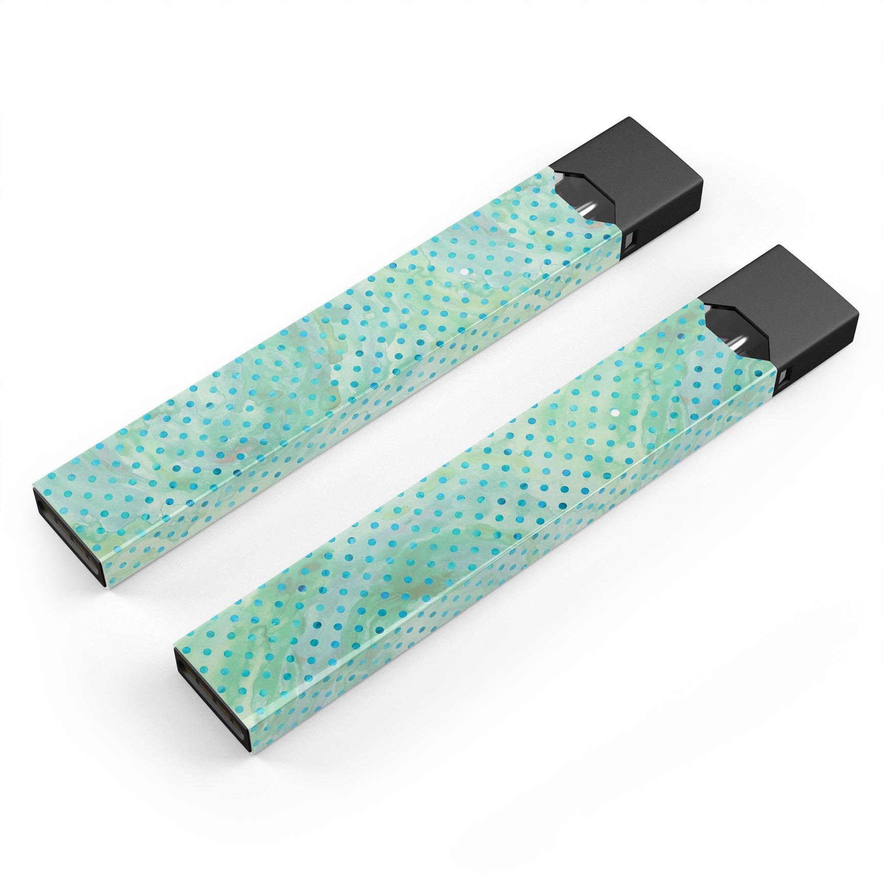 Green and blue watercolor polka dot pattern decal for JUUL vaping device, showcasing vibrant colors and premium quality.