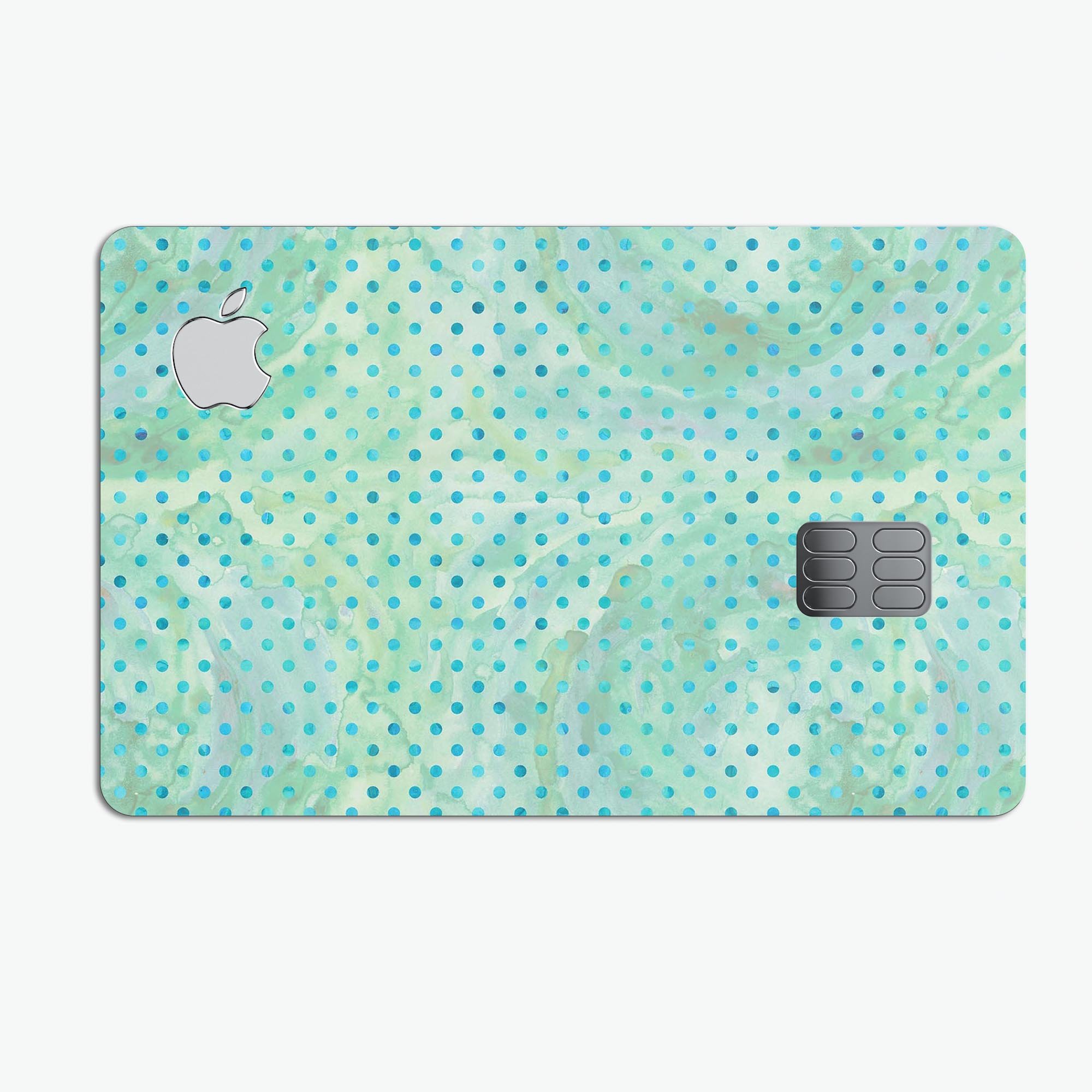 Green and blue watercolor polka dot pattern decal for Apple Card, showcasing vibrant colors and a stylish design.