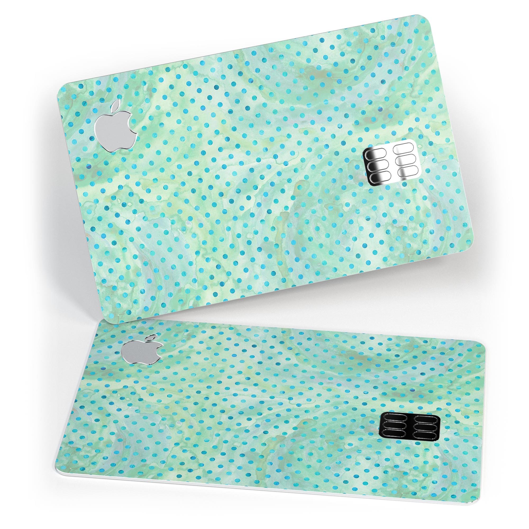 Green and blue watercolor polka dot pattern decal for Apple Card, showcasing vibrant colors and a stylish design.