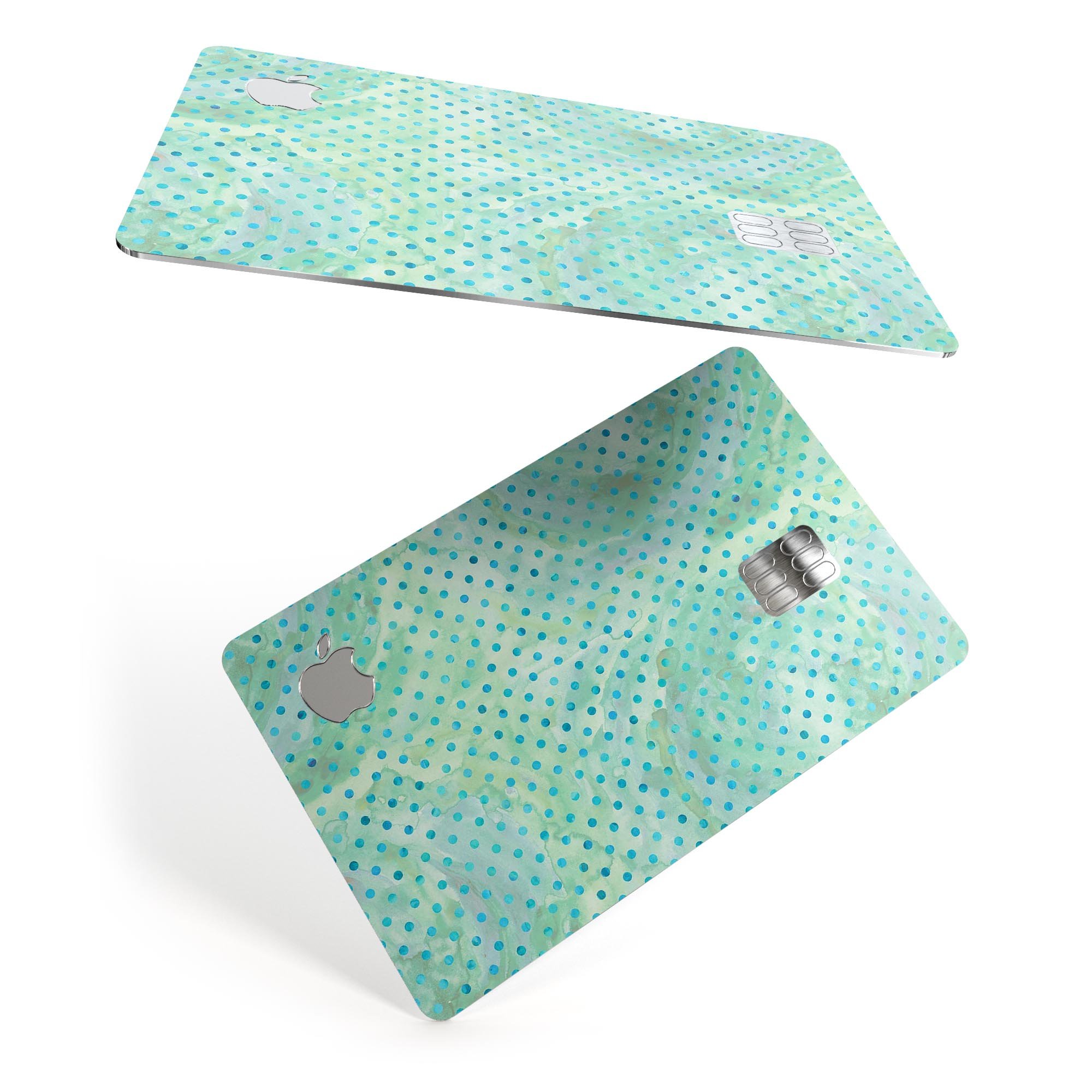 Green and blue watercolor polka dot pattern decal for Apple Card, showcasing vibrant colors and a stylish design.