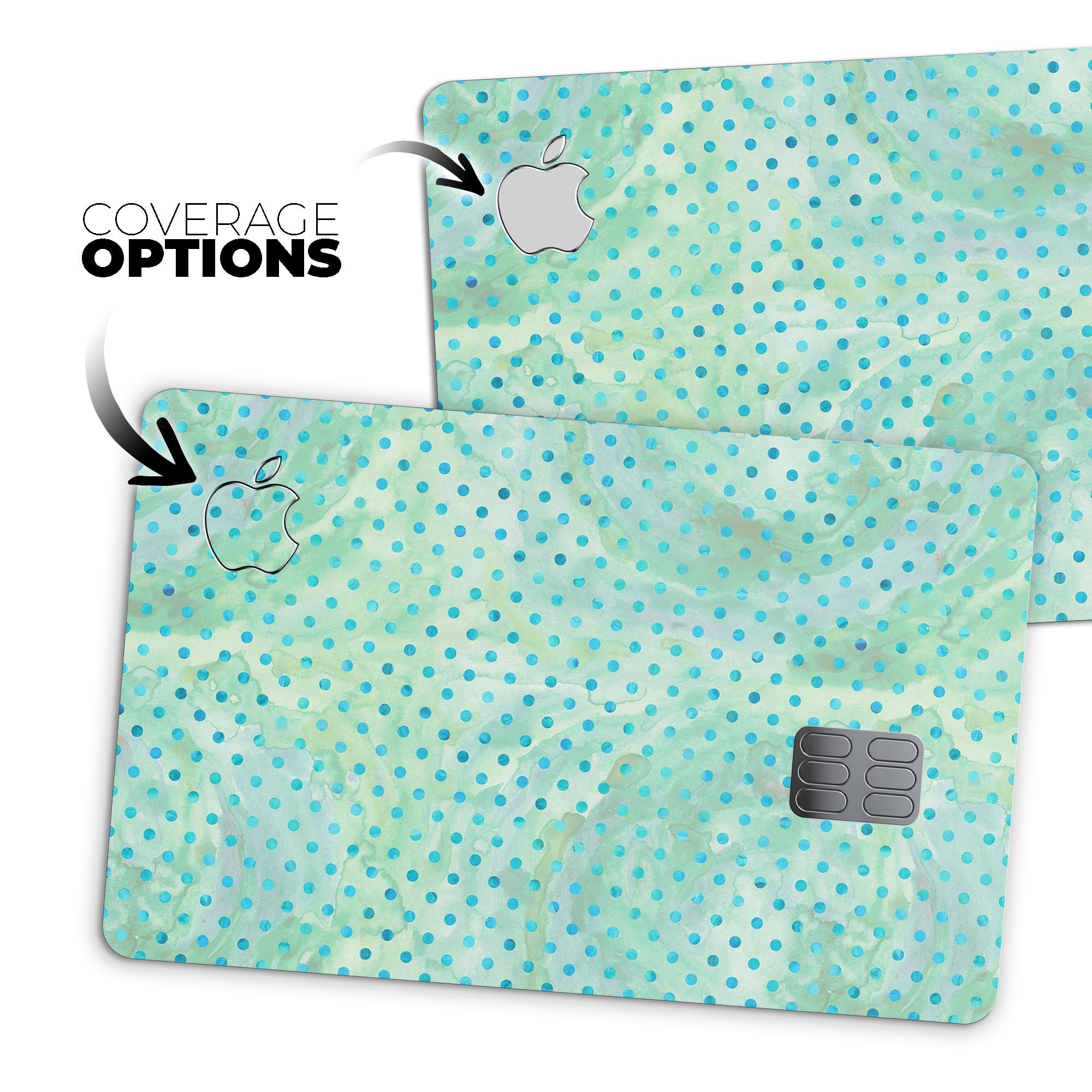 Green and blue watercolor polka dot pattern decal for Apple Card, showcasing vibrant colors and a stylish design.