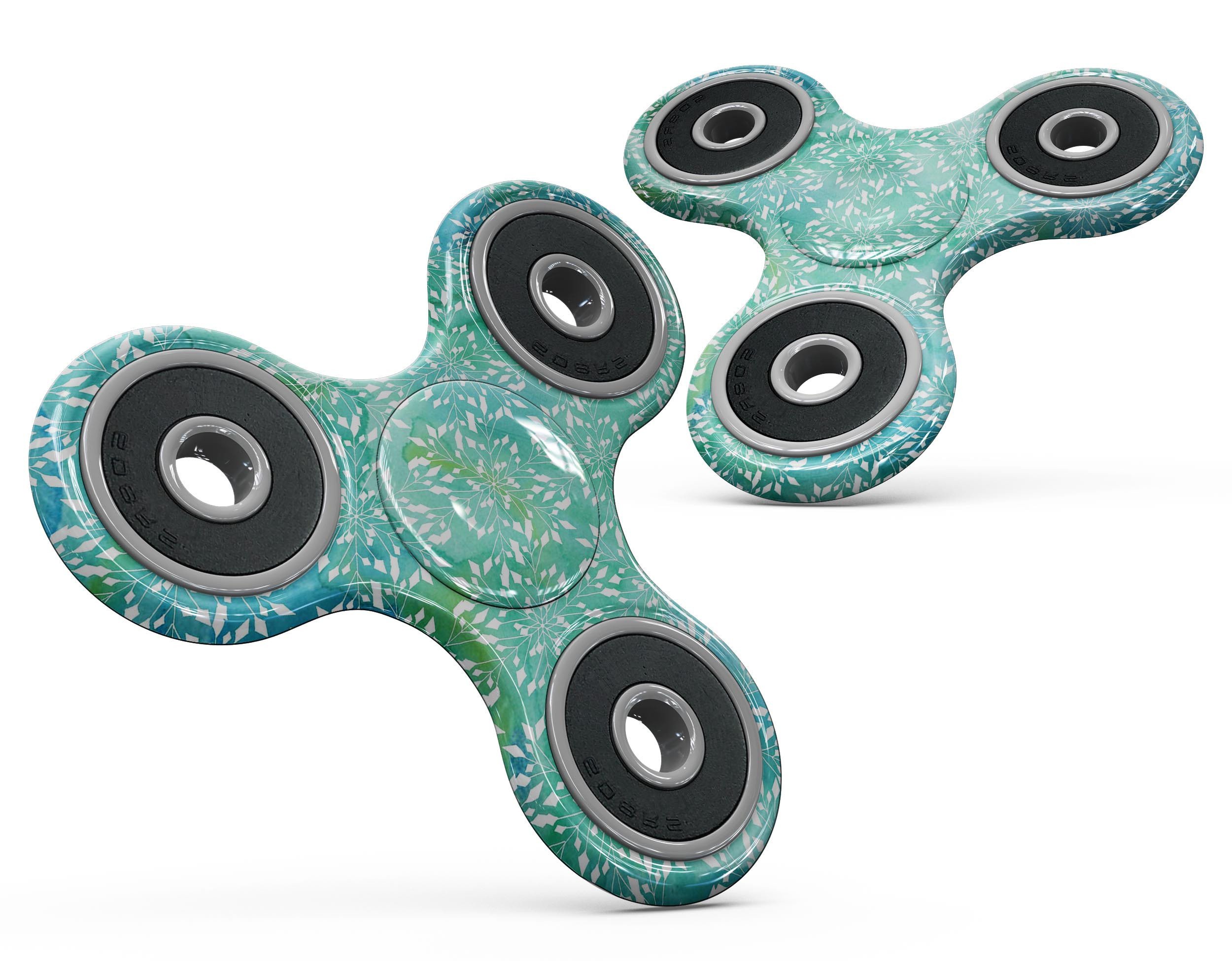 A vibrant Green and Blue Watercolor Fractal Pattern skin for a fidget spinner, showcasing intricate designs and colors.