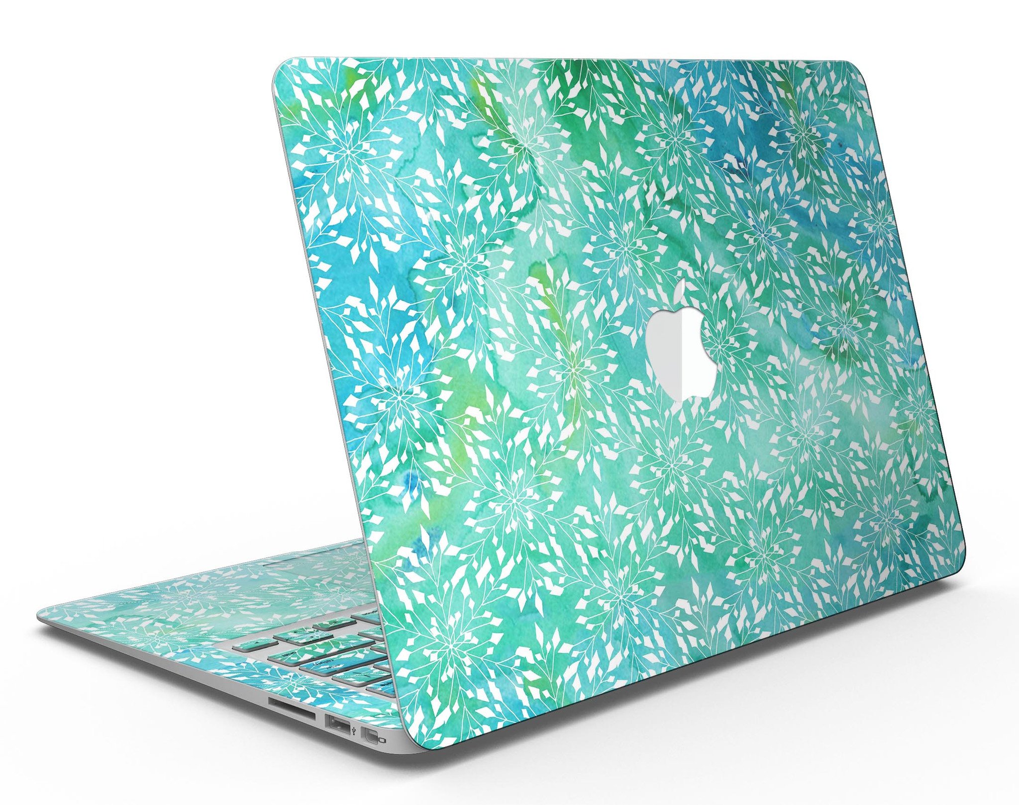 Green and Blue Watercolor Fractal Pattern MacBook Air Skin Kit showcasing vibrant colors and intricate fractal design.