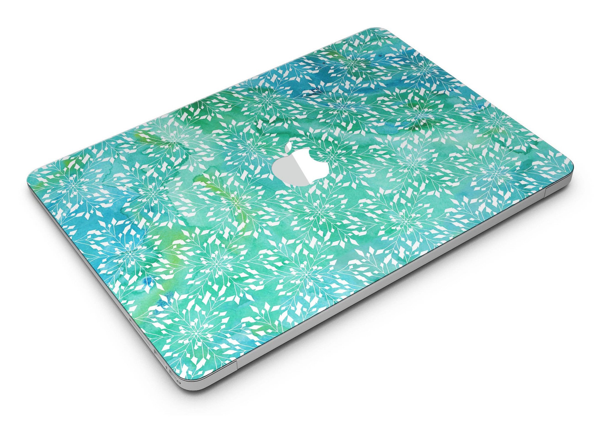 Green and Blue Watercolor Fractal Pattern MacBook Air Skin Kit showcasing vibrant colors and intricate fractal design.