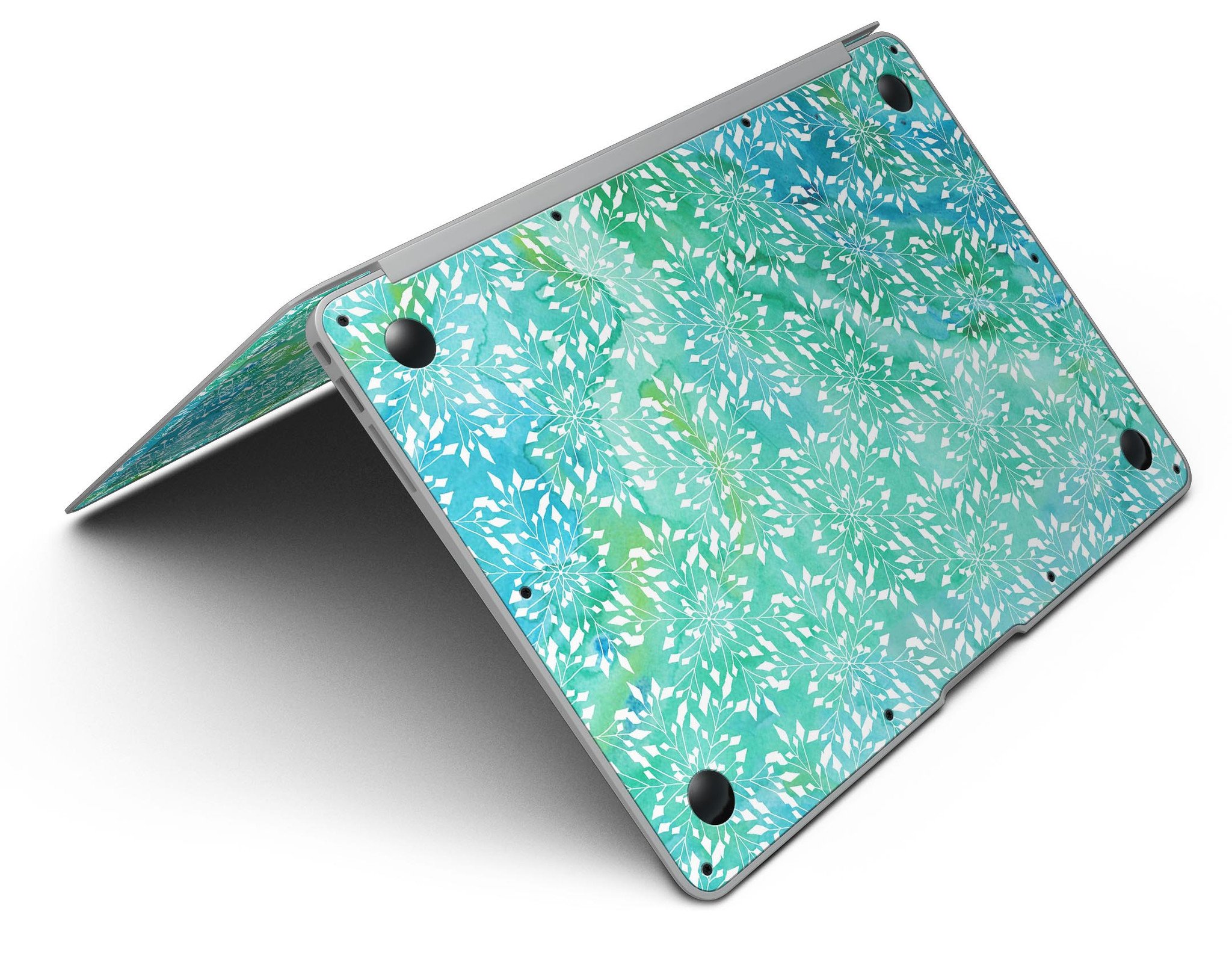 Green and Blue Watercolor Fractal Pattern MacBook Air Skin Kit showcasing vibrant colors and intricate fractal design.