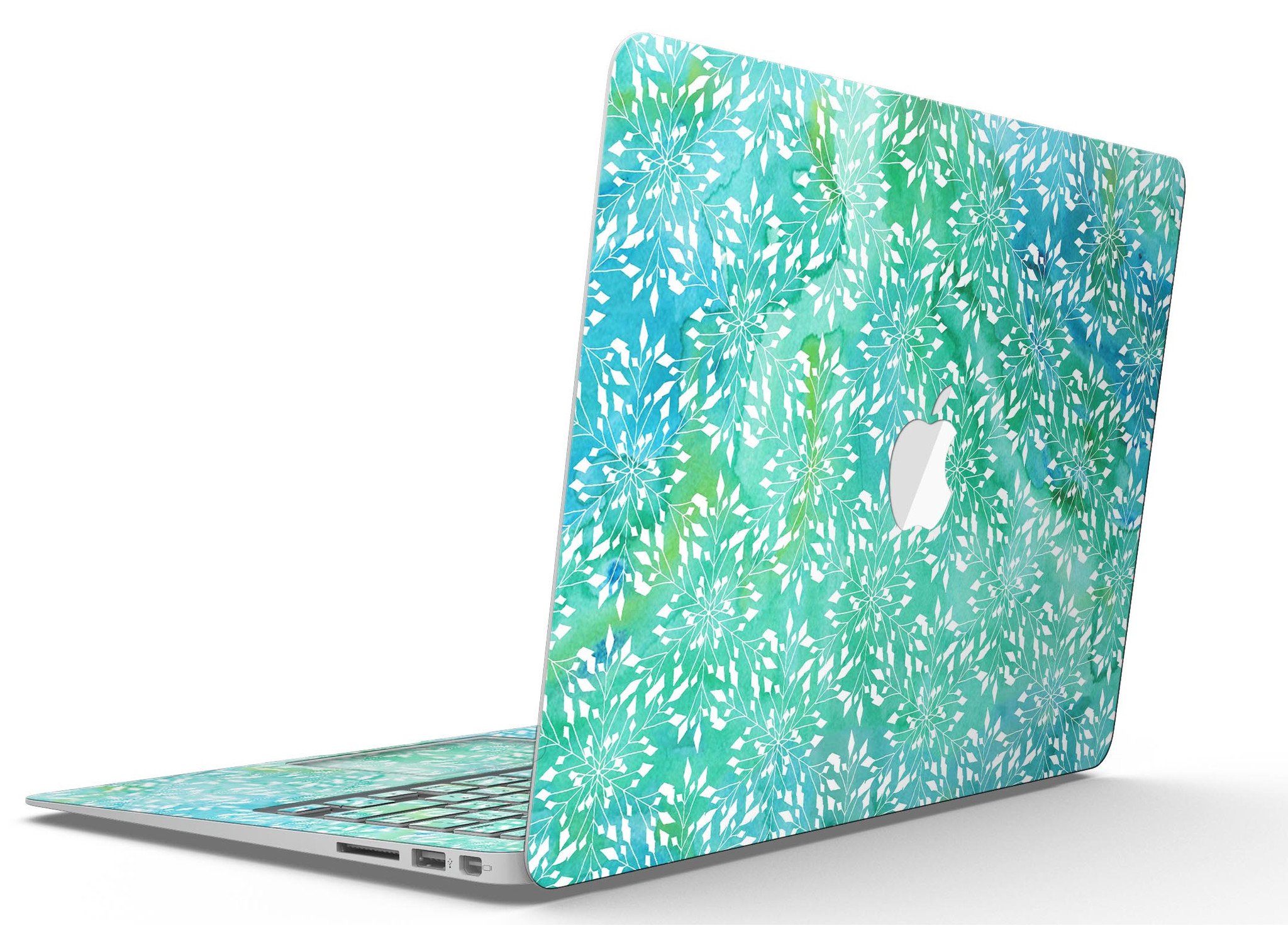 Green and Blue Watercolor Fractal Pattern MacBook Air Skin Kit showcasing vibrant colors and intricate fractal design.