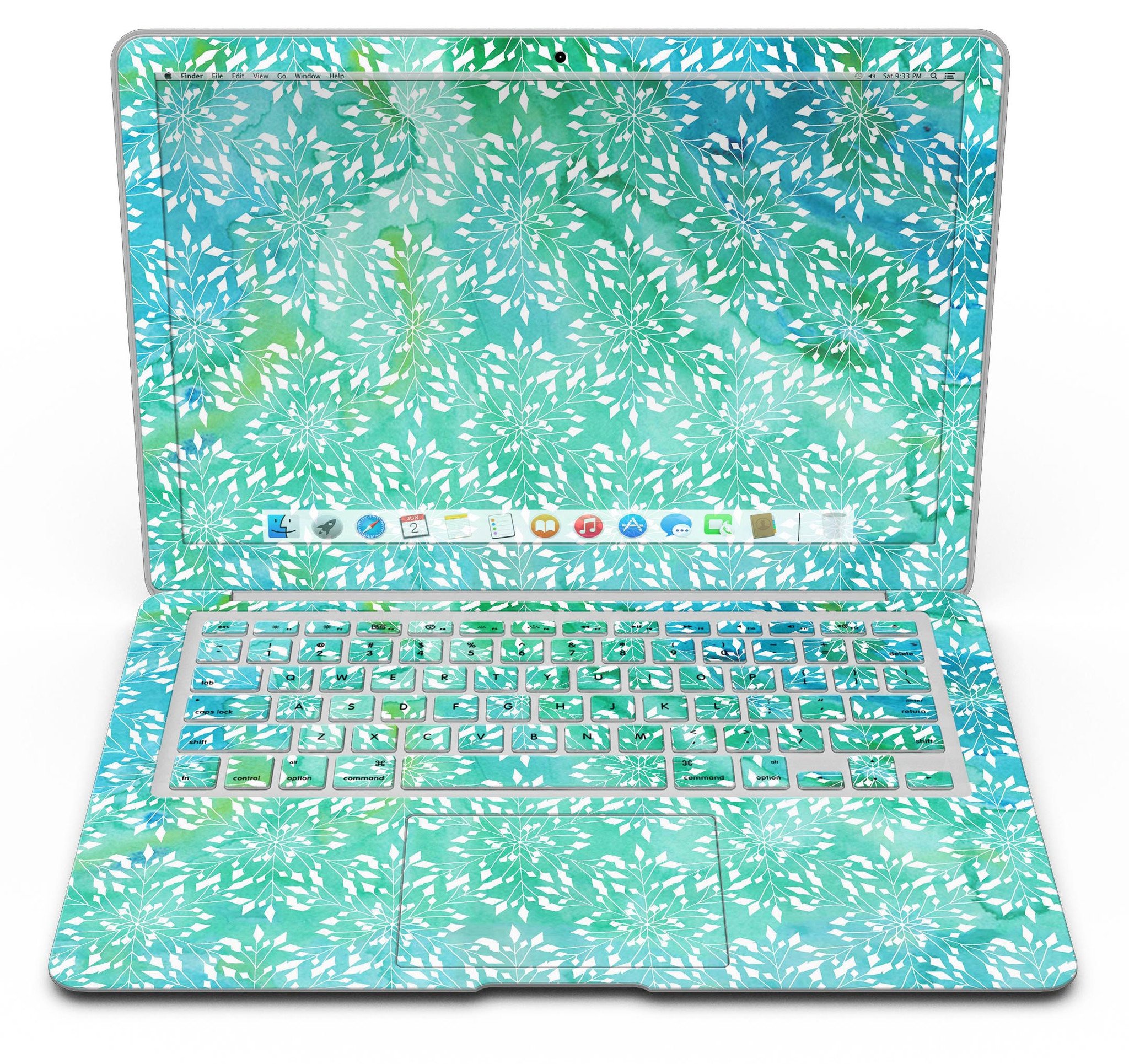 Green and Blue Watercolor Fractal Pattern MacBook Air Skin Kit showcasing vibrant colors and intricate fractal design.