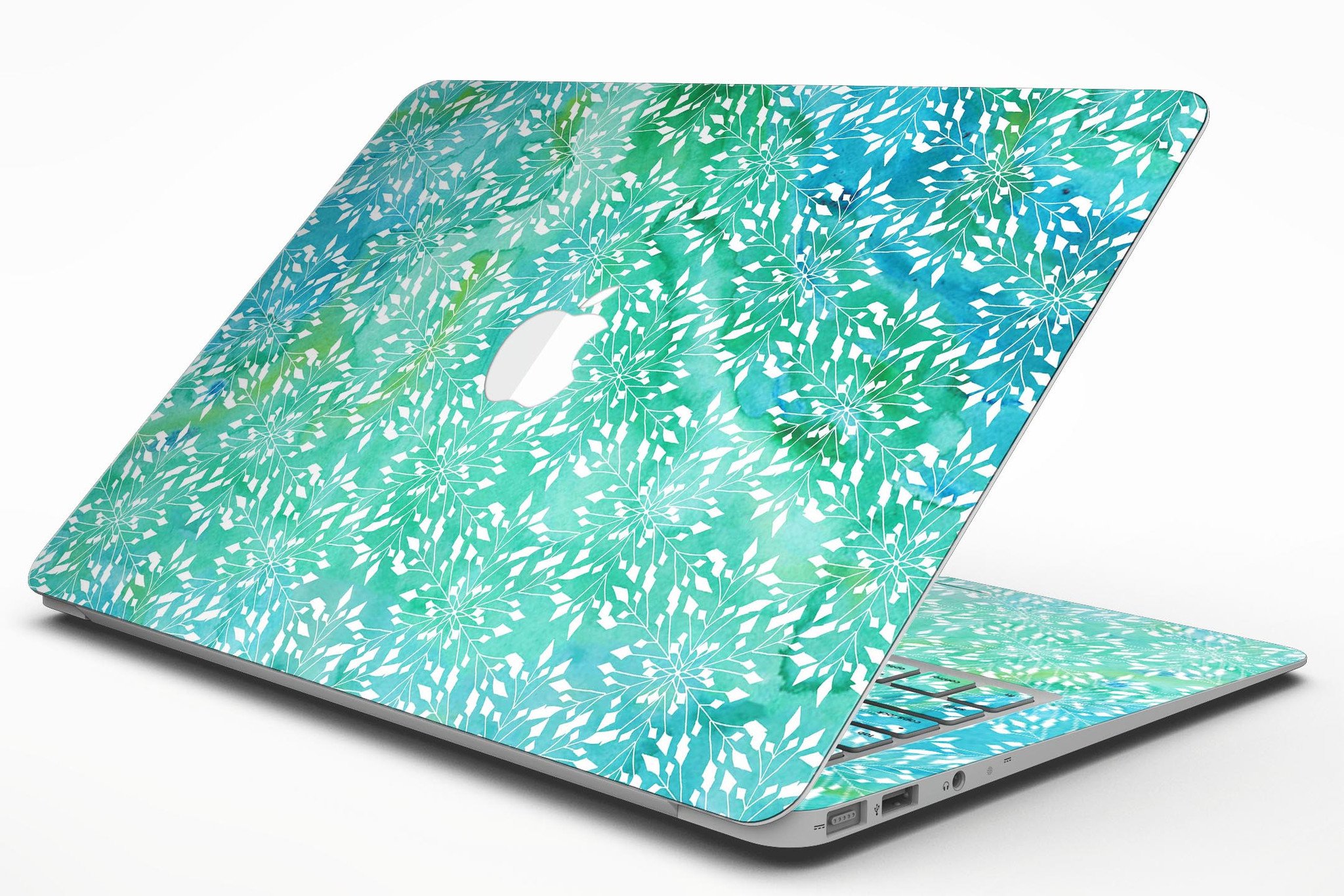 Green and Blue Watercolor Fractal Pattern MacBook Air Skin Kit showcasing vibrant colors and intricate fractal design.