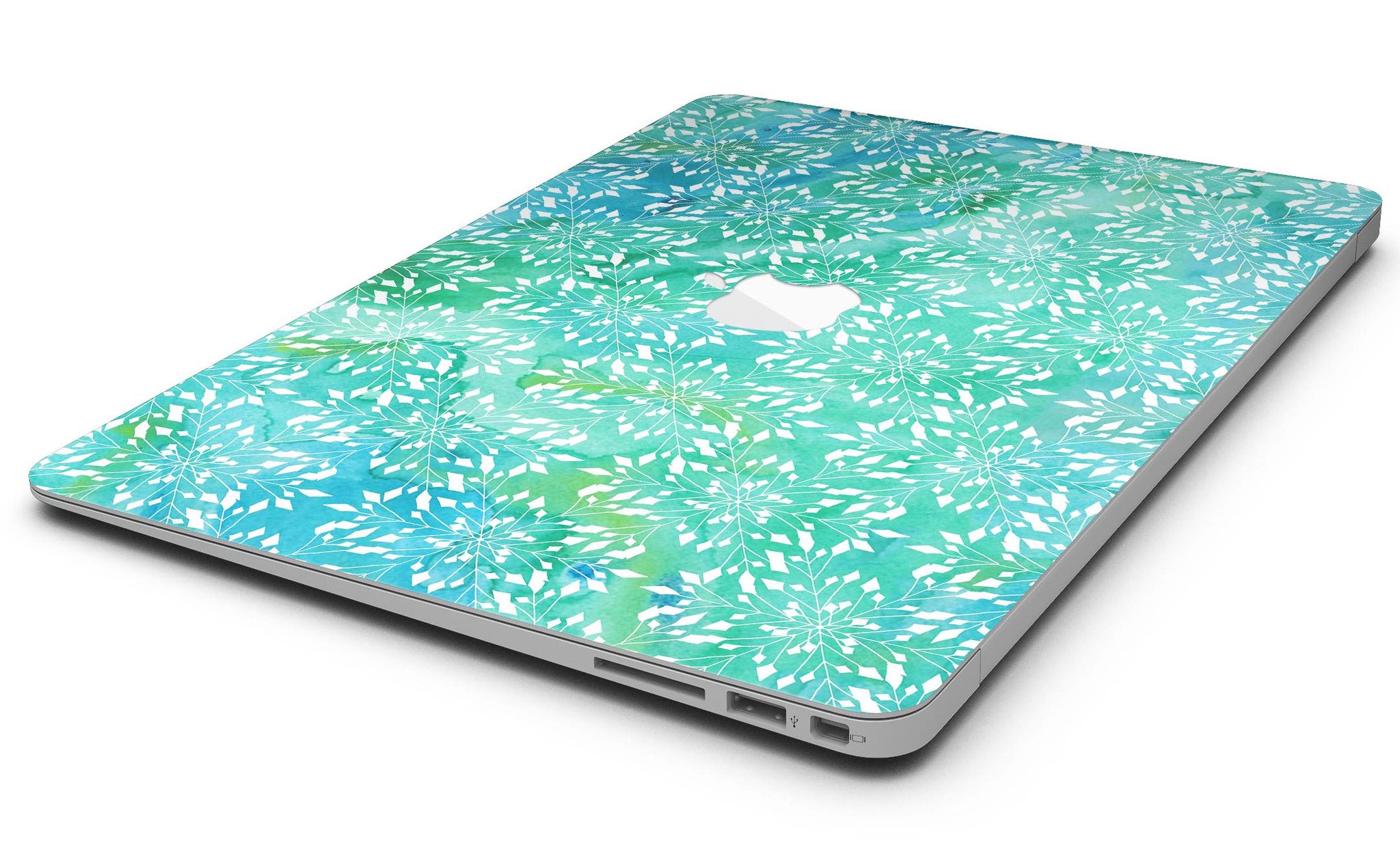 Green and Blue Watercolor Fractal Pattern MacBook Air Skin Kit showcasing vibrant colors and intricate fractal design.